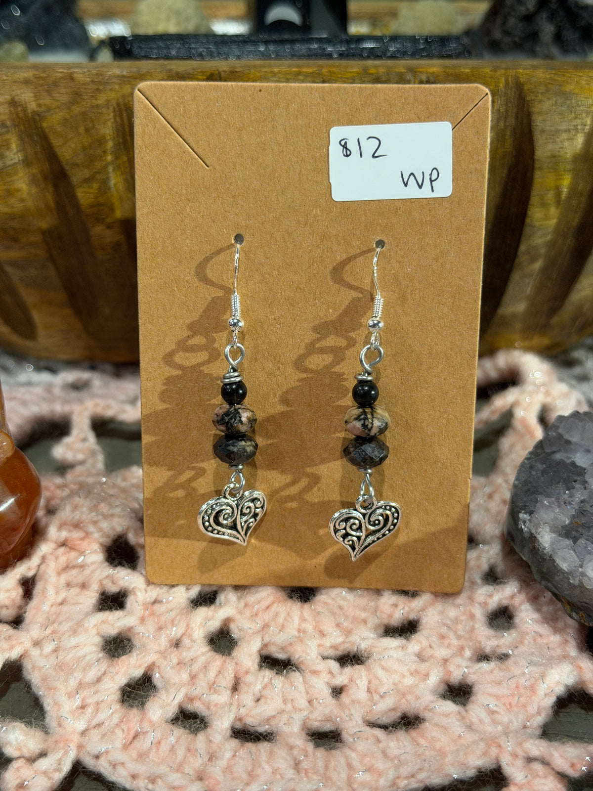 faceted Rhodonite & Black Agate heart earrings