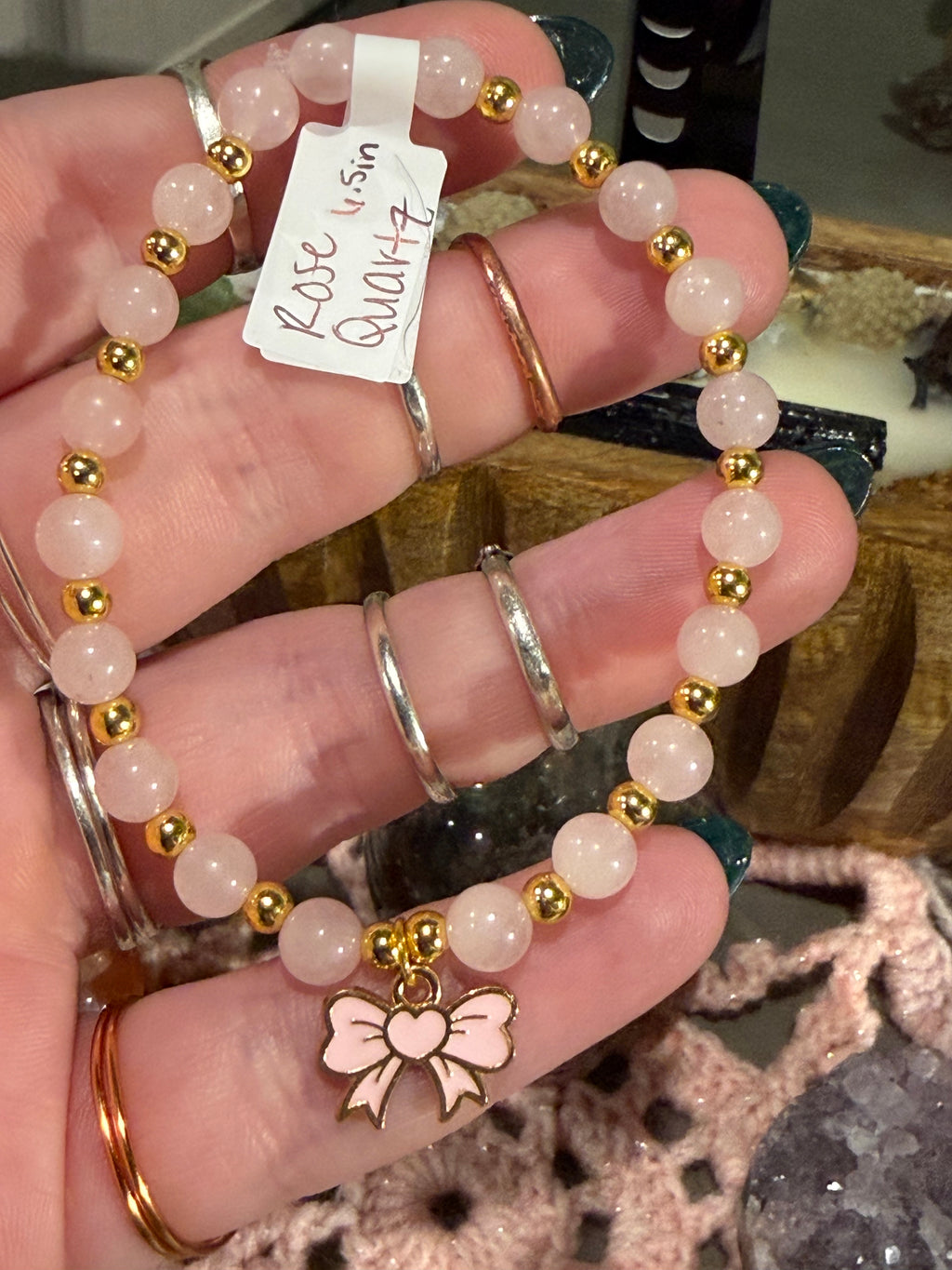 Rose Quartz 6.5-inch stretchy bracelet with bow charm