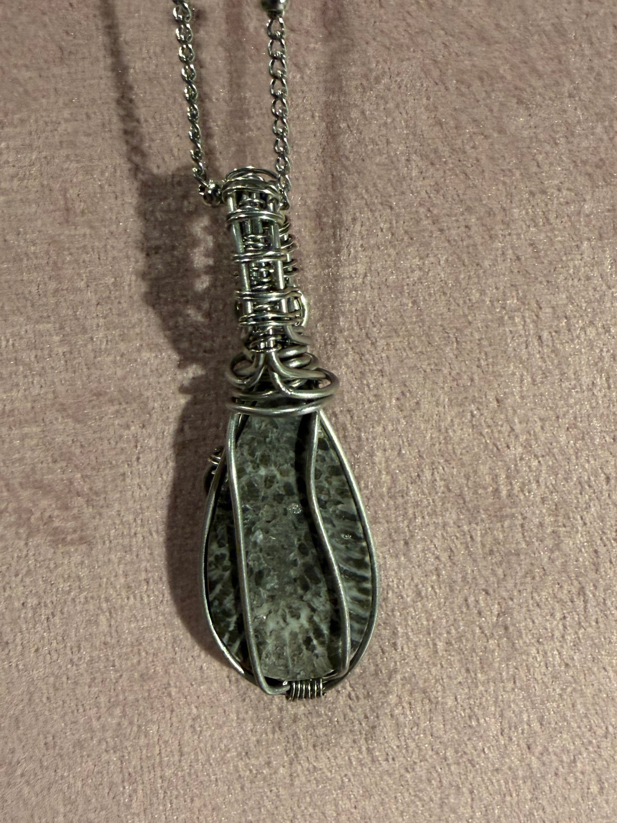 Agatized fossil coral stainless steel wire-wrapped pendant