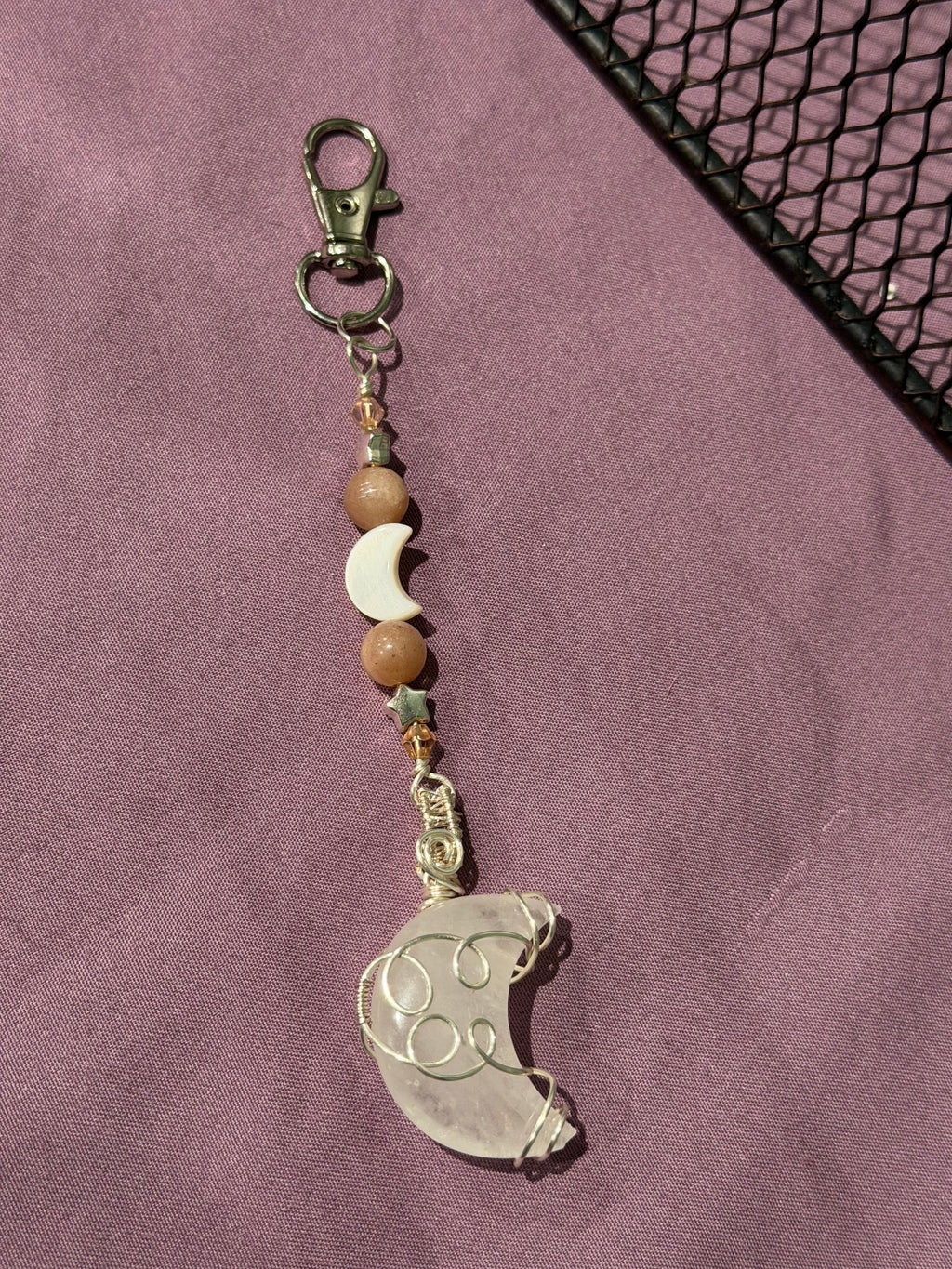Clear Quartz moon/Peach Moonstone/ Shell moon silver-tone copper wire-wrapped keychain/purse charm