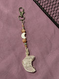 Clear Quartz moon/Peach Moonstone/ Shell moon silver-tone copper wire-wrapped keychain/purse charm