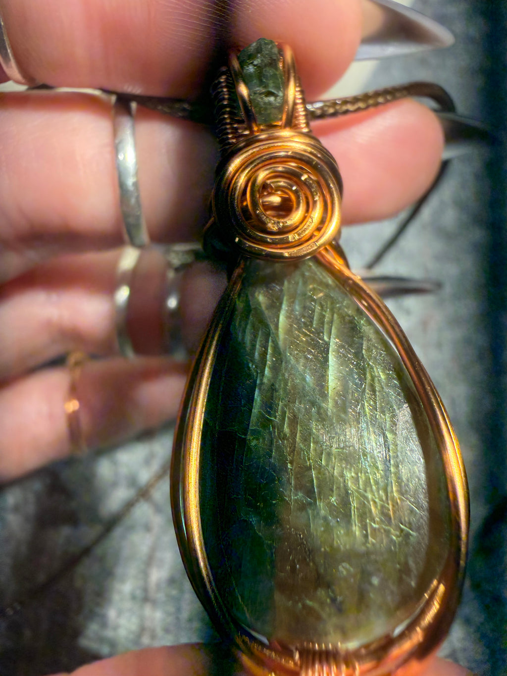 Green & Blue Flash Labradorite & Green Tourmaline copper wire-wrapped pendant
