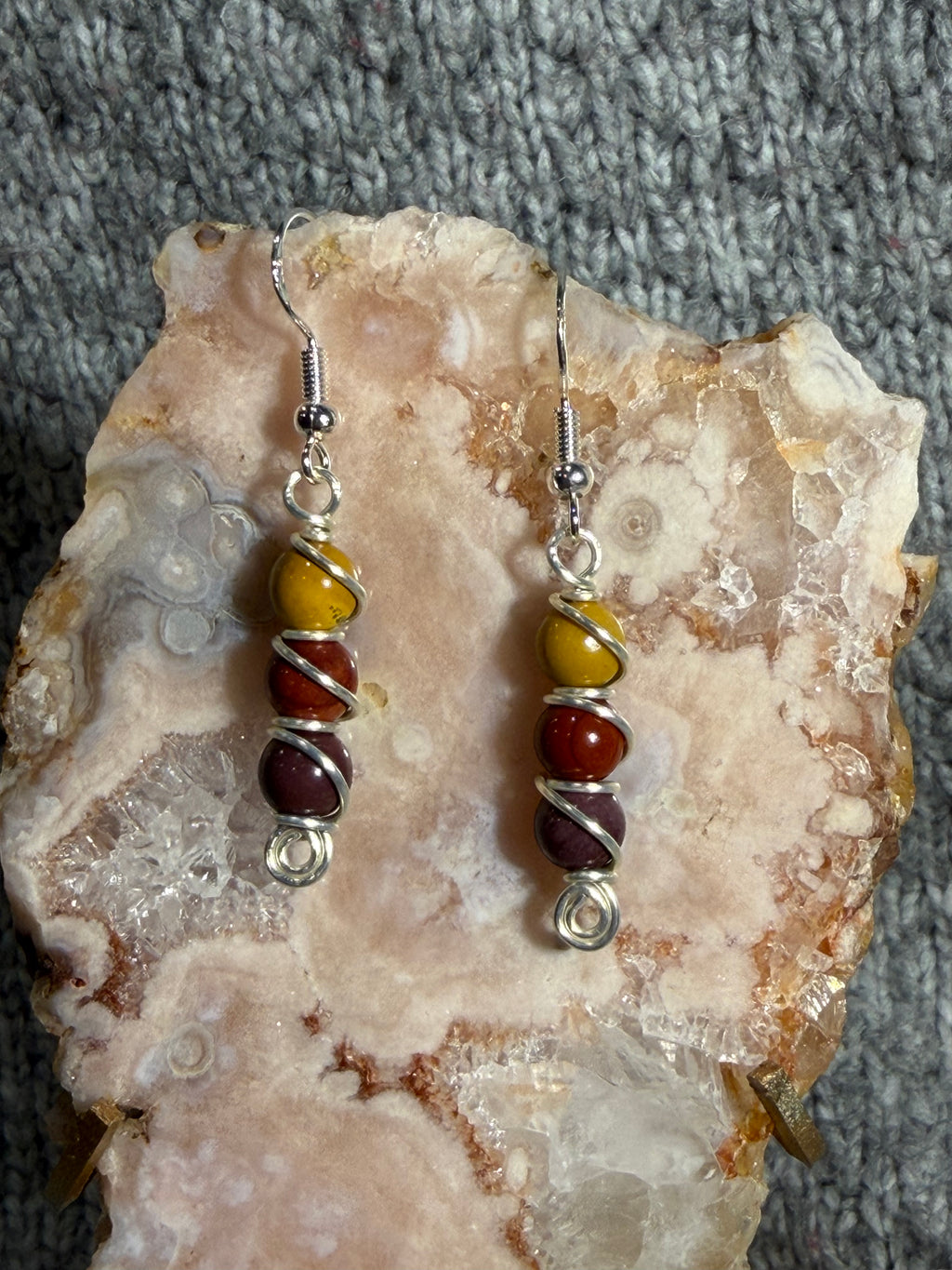 Mookaite Jasper beaded silver-tone copper wire-wrapped earrings