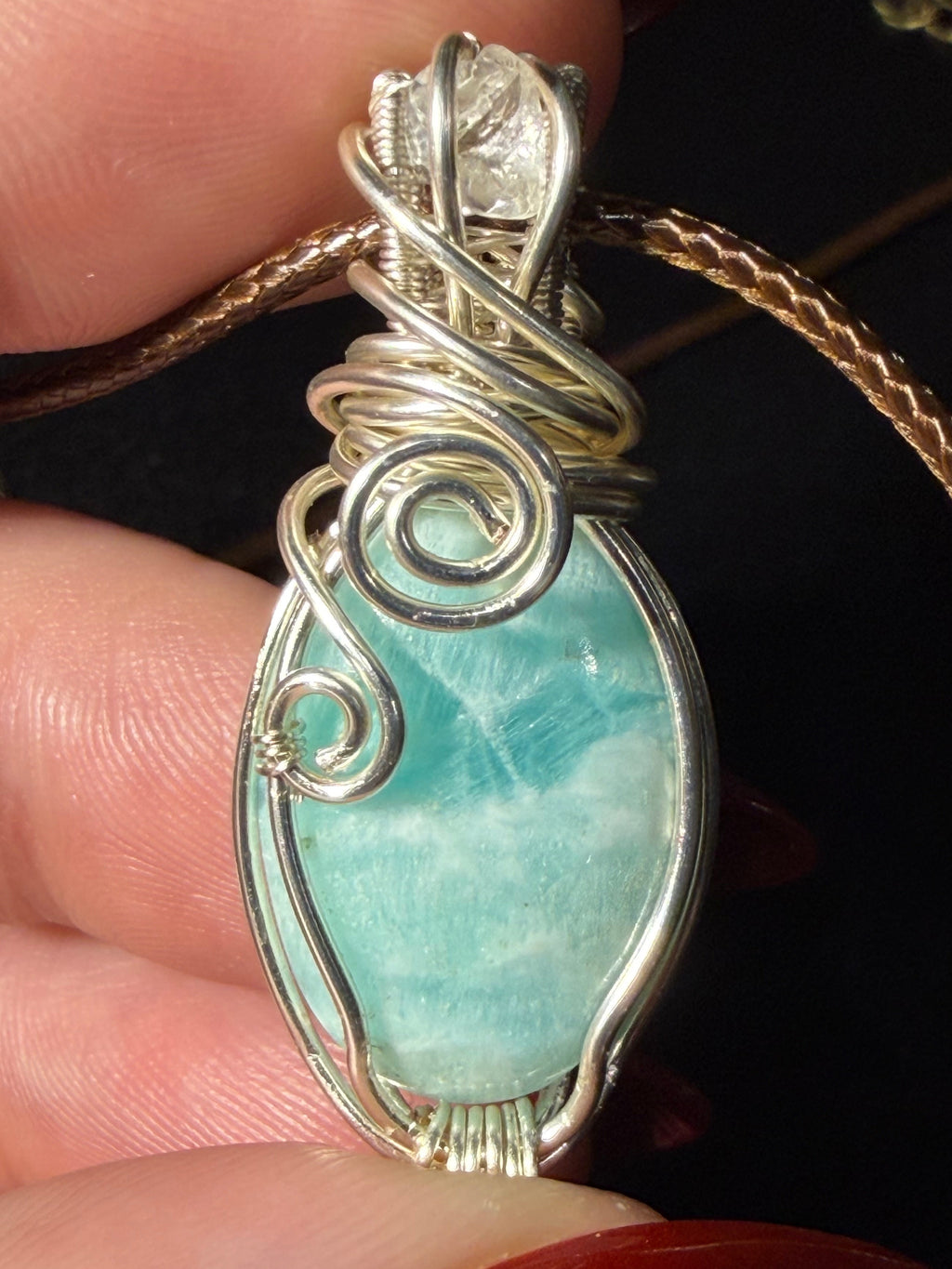 Caribbean Calcite & Herkimer Diamond silver-tone copper wire-wrapped pendant