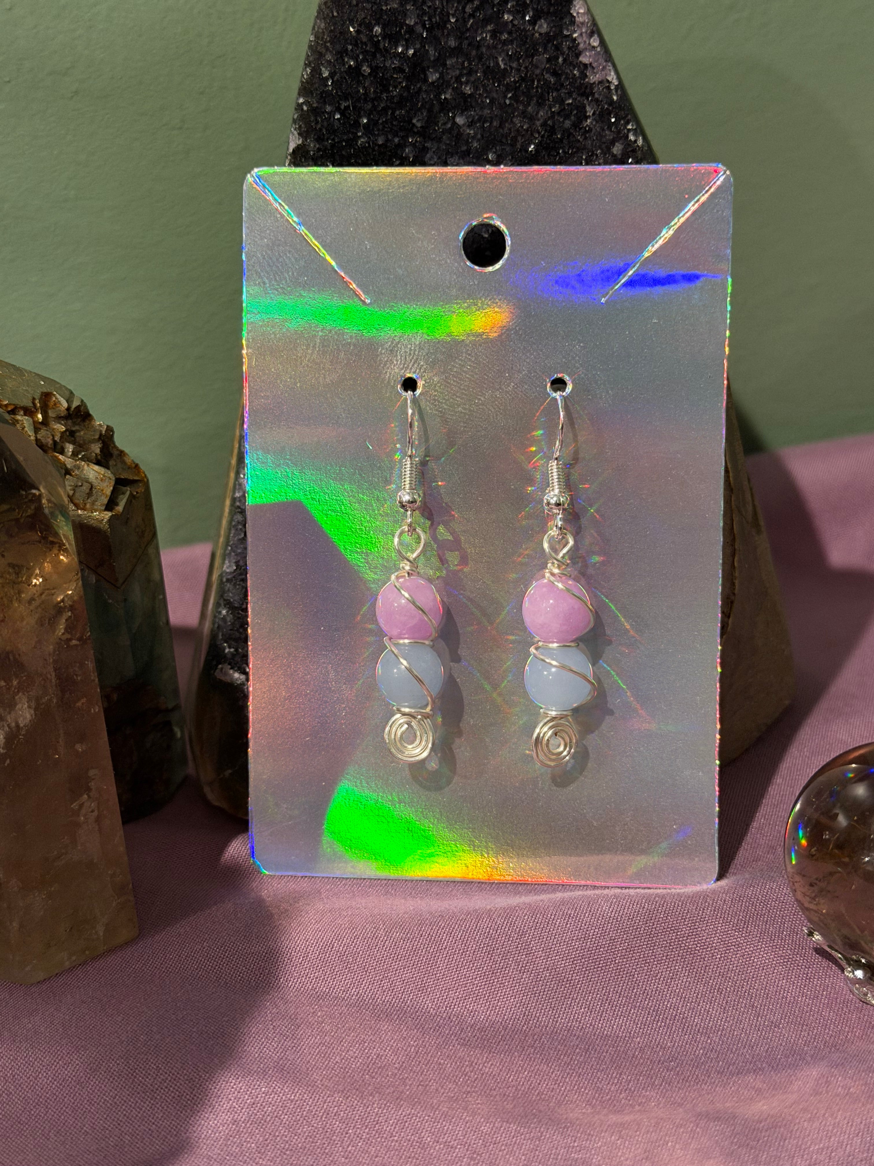 Lavender Amethyst & Aquamarine silver-tone copper wire-wrapped earrings