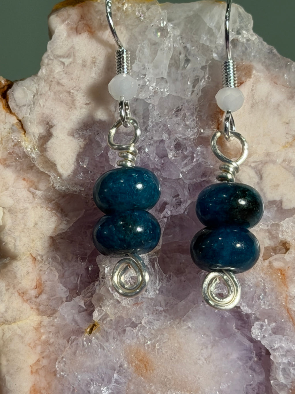 Blue Apatite & white glass beaded silver-tone earrings