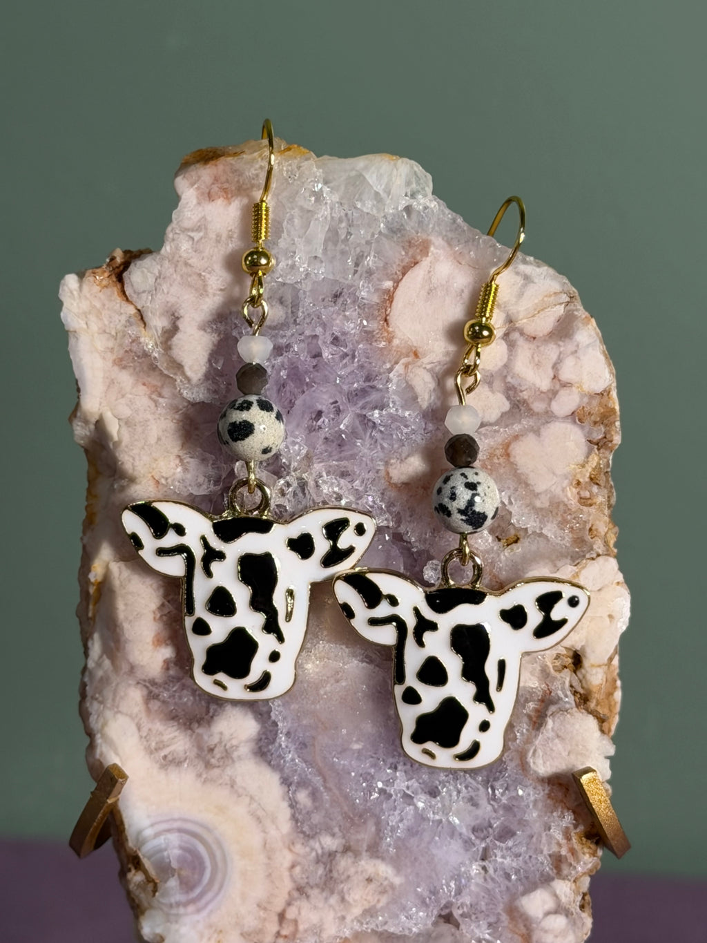 Dalmatian Jasper, Silver Sheen Obsidian & white glass gold-tone cow earrings