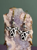 Dalmatian Jasper, Silver Sheen Obsidian & white glass gold-tone cow earrings