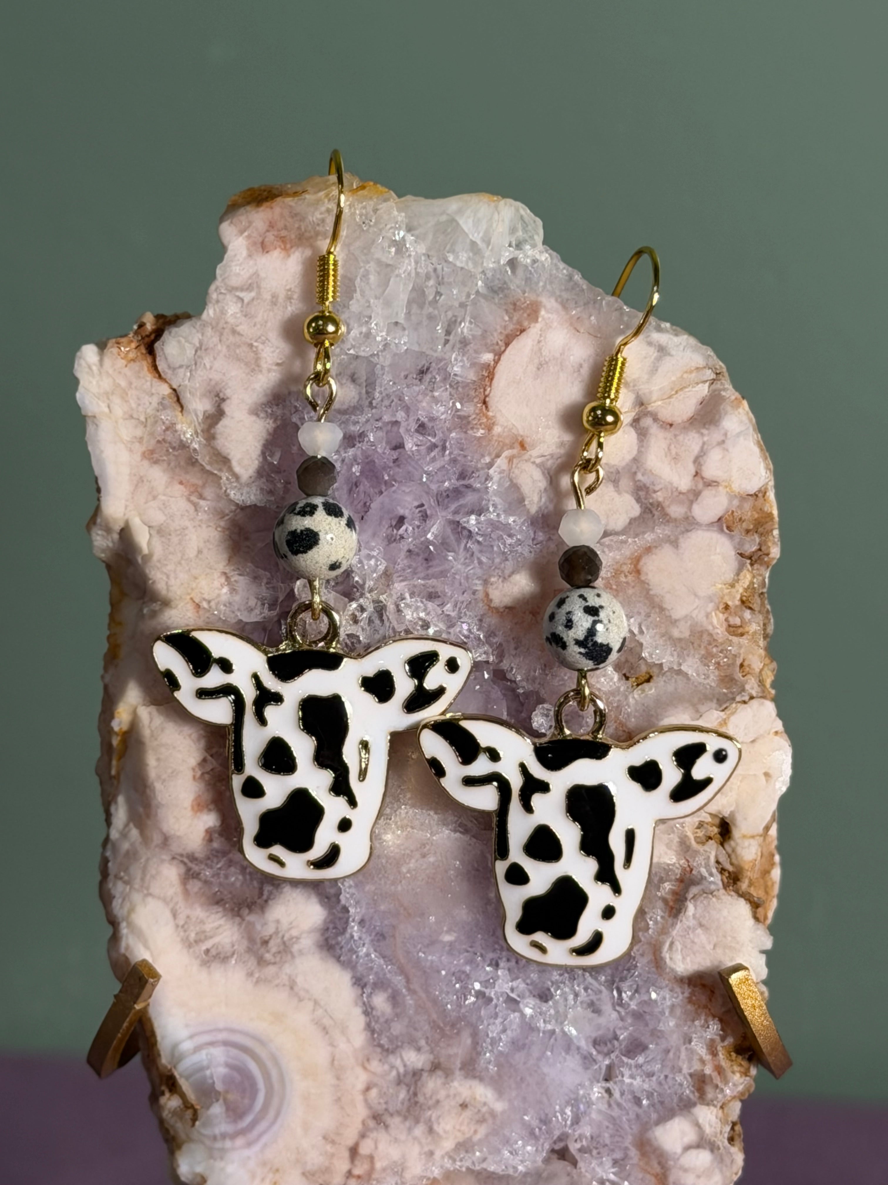 Dalmatian Jasper, Silver Sheen Obsidian & white glass gold-tone cow earrings