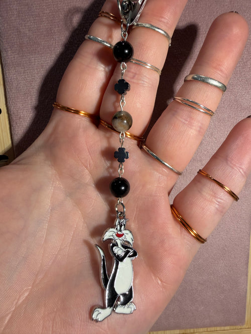 African Bloodstone & Obsidian Cat Character Keychain