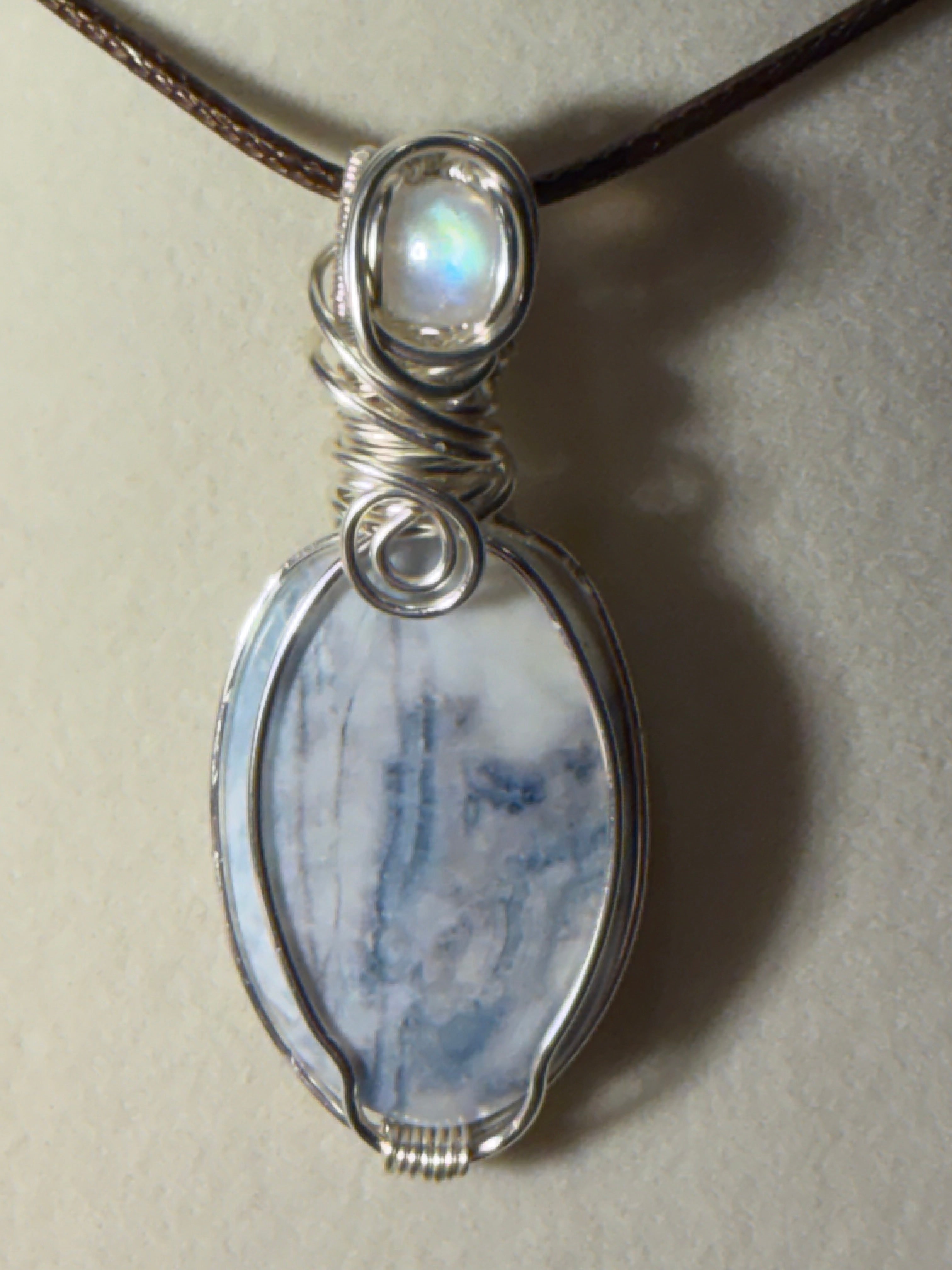 Blue Scheelite & Moonstone silver-tone copper wire-wrapped pendant