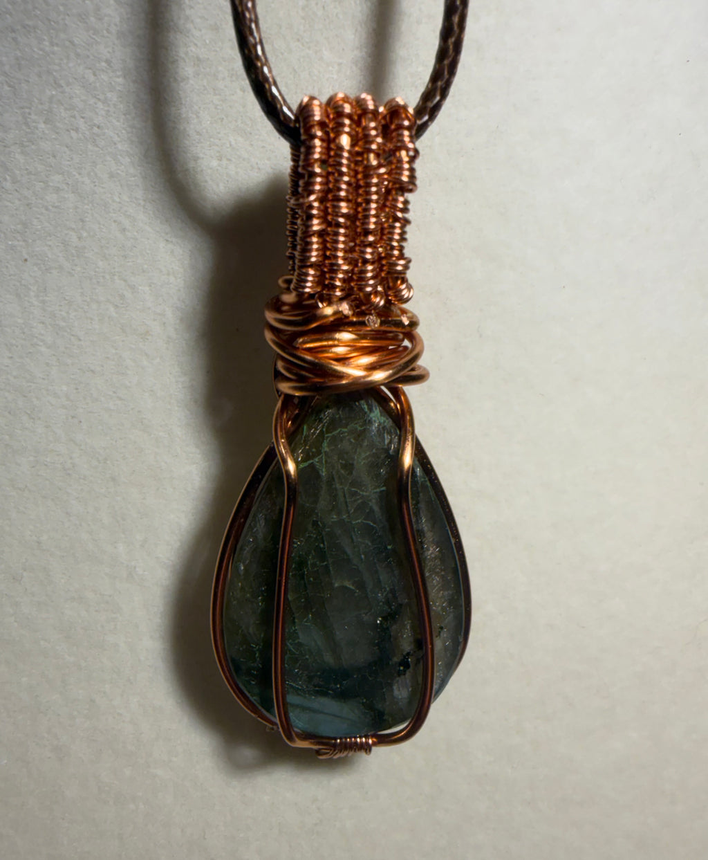 Green & Blue Flash Labradorite & Green Tourmaline copper wire-wrapped pendant