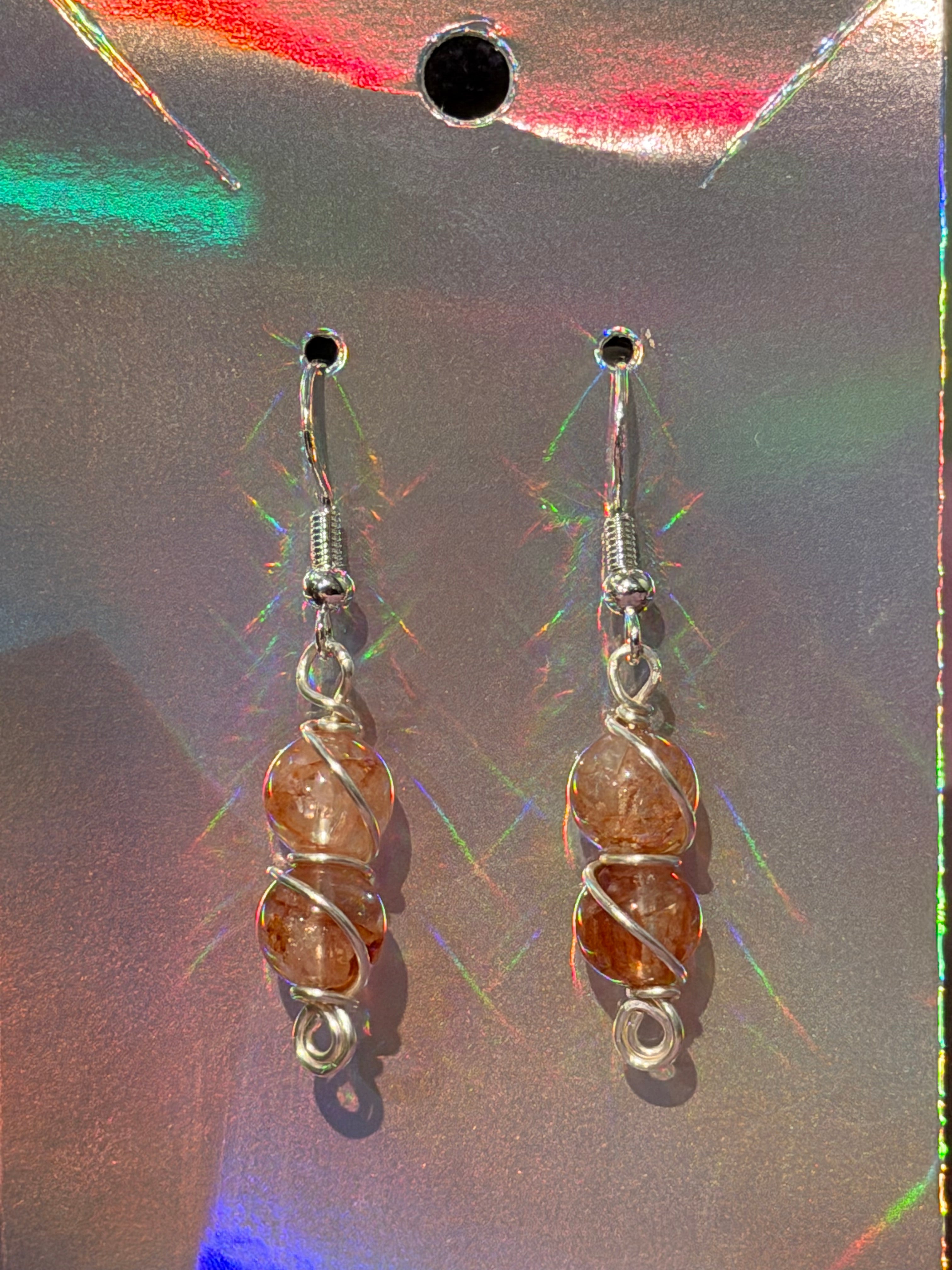 Double Fire Quartz silver-tone copper wire-wrapped earrings