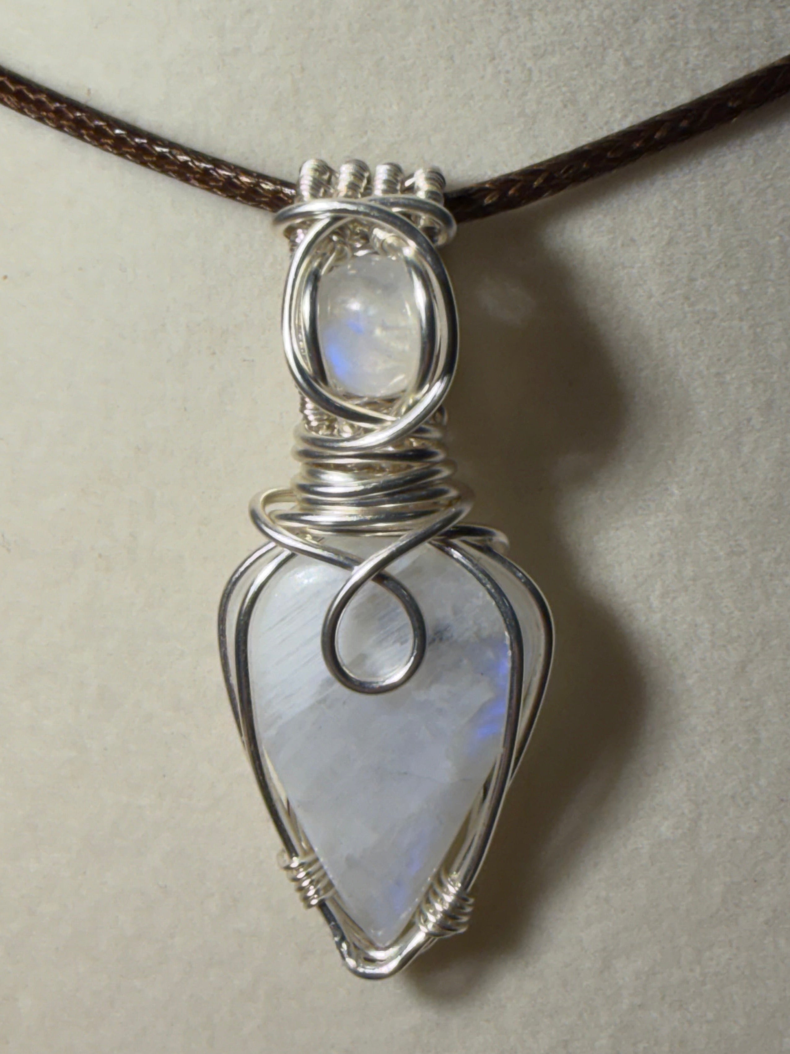 Double Moonstone silver-tone copper wire-wrapped pendant