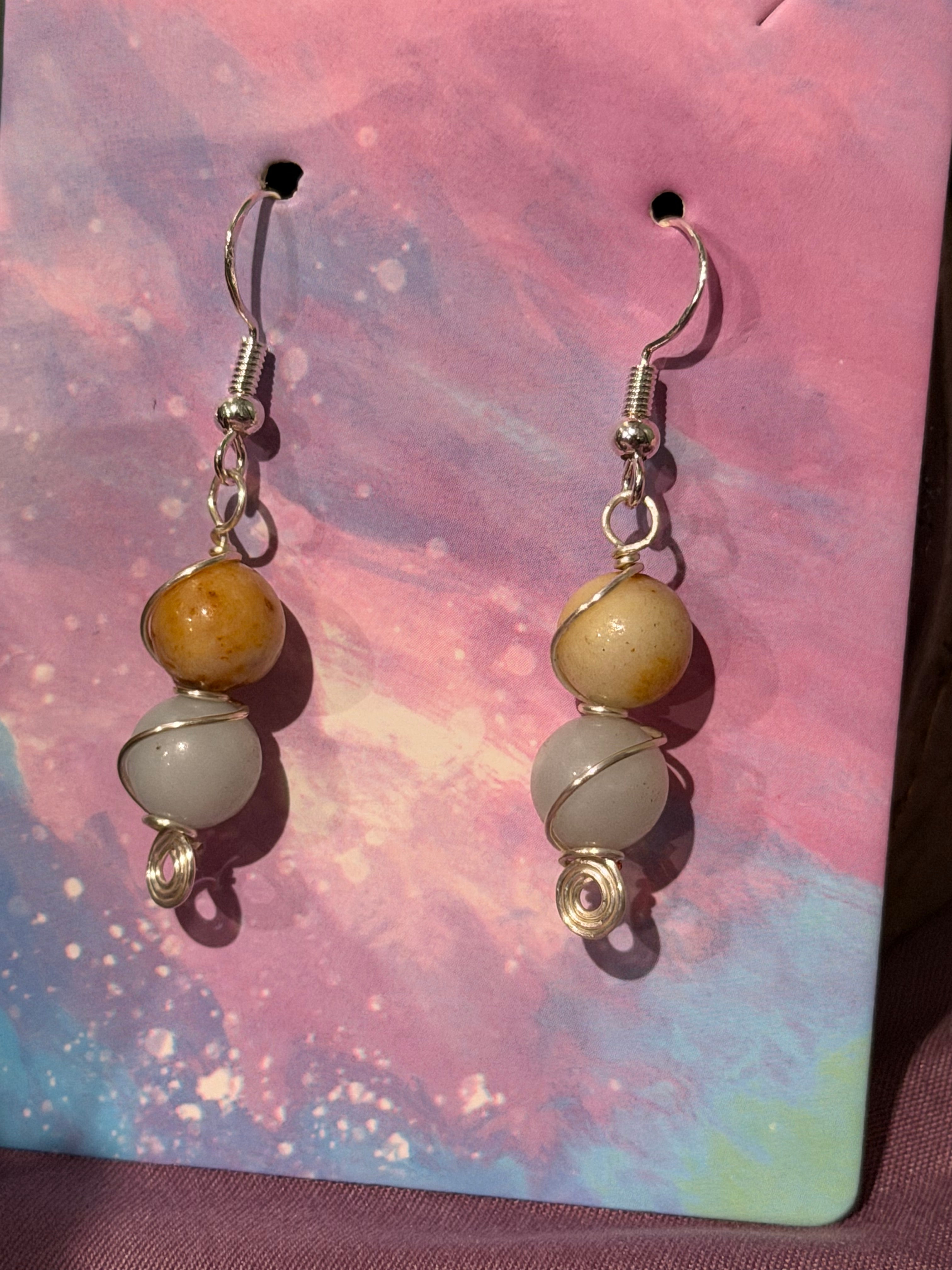 Double Amazonite silver-tone copper wire-wrapped earrings