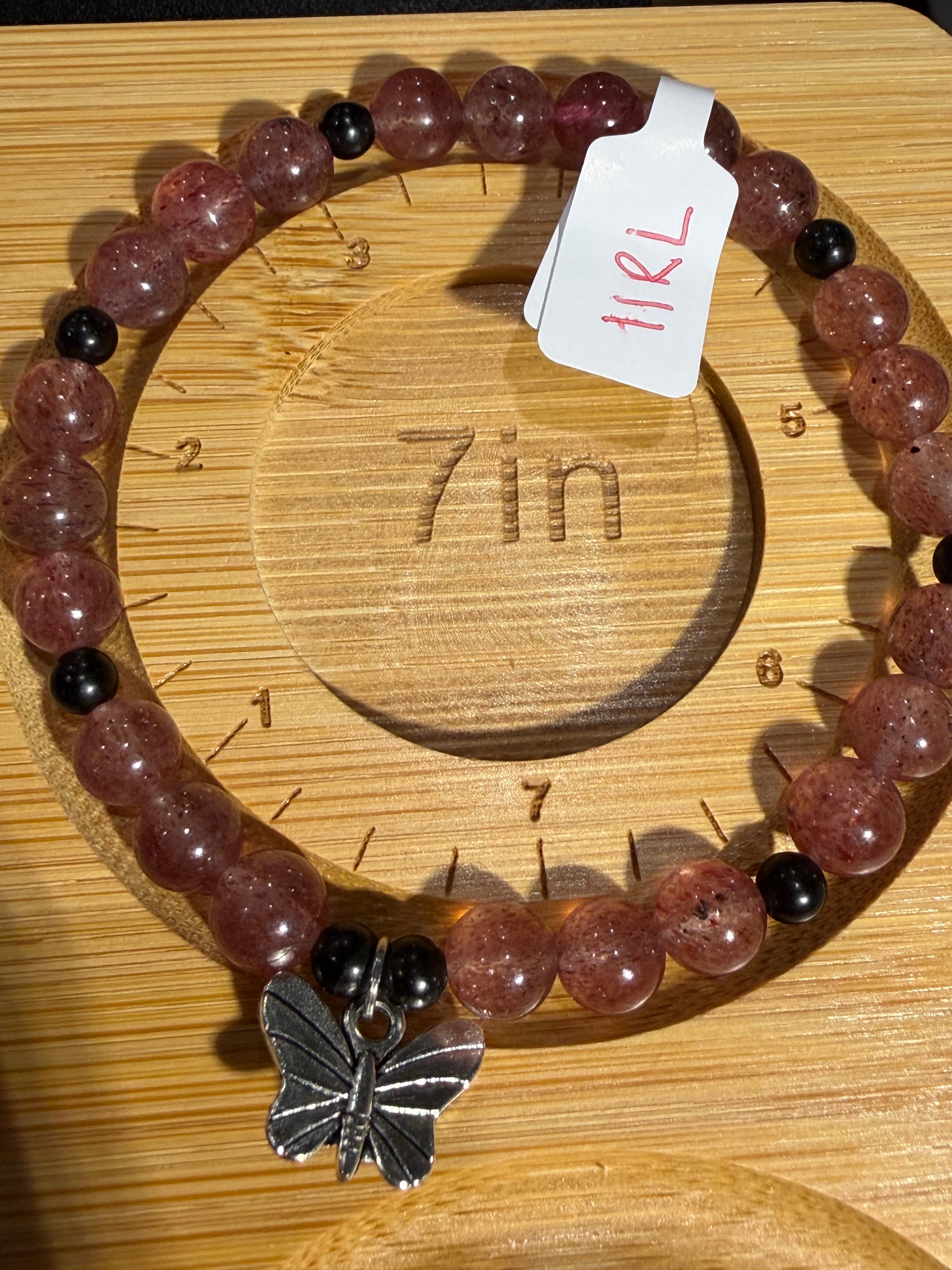Strawberry Quartz & Obsidian 7 inch beaded stretchy bracelet