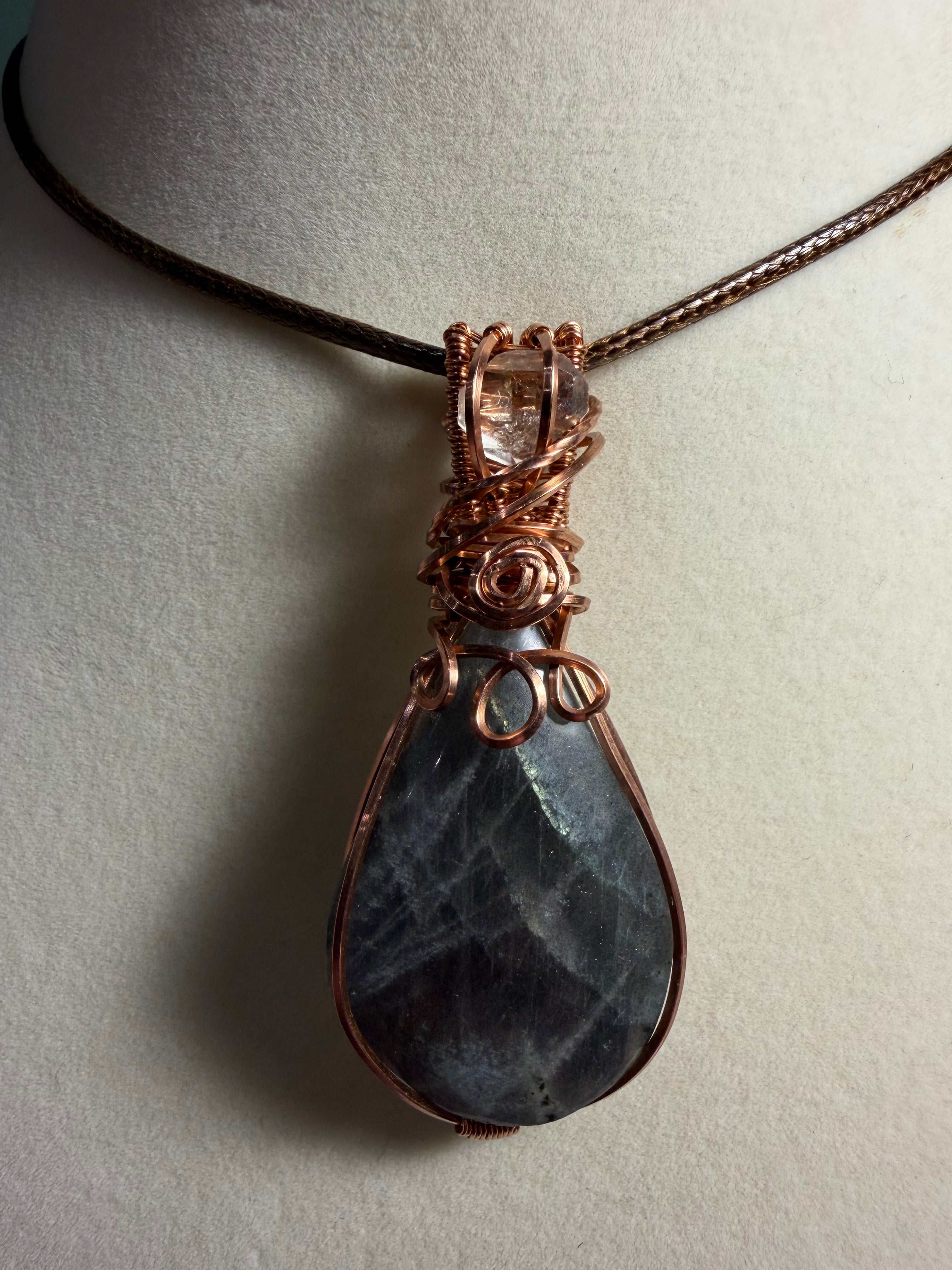 Purple flash Labradorite & Herkimer Diamond copper wire-wrapped pendant