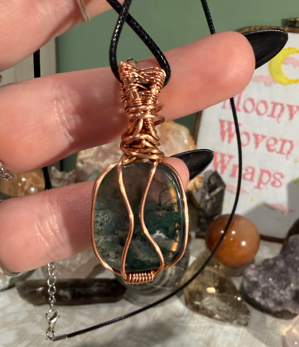 Moss Agate copper wire-wrapped pendant