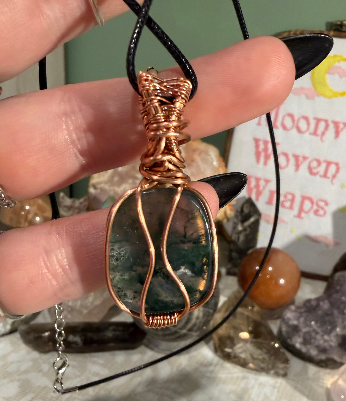 Moss Agate copper wire-wrapped pendant