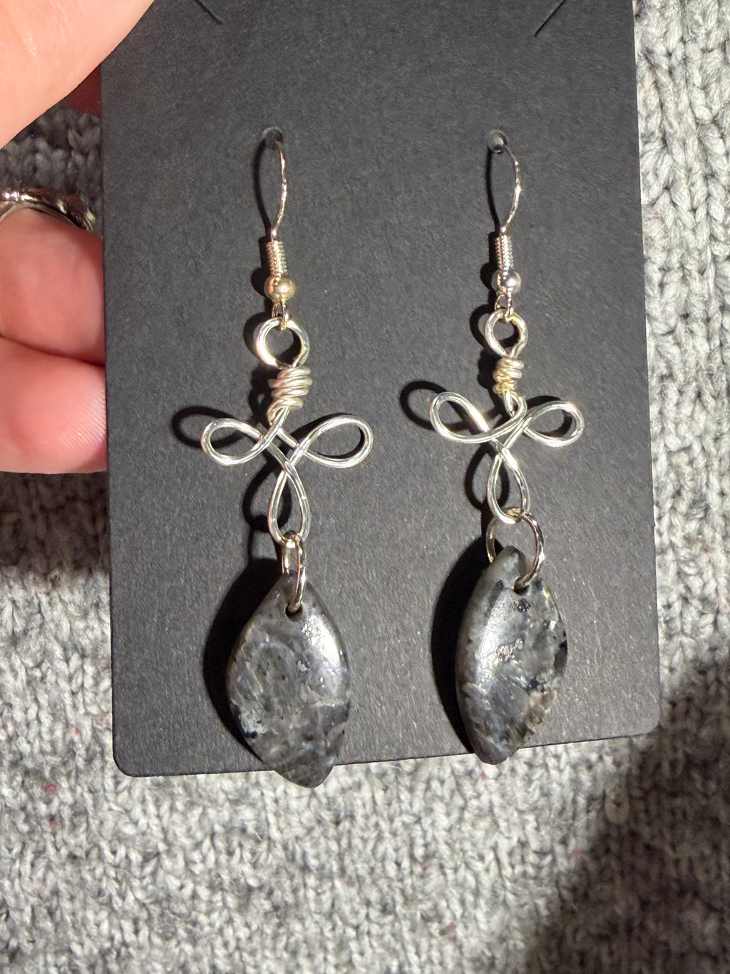 Larvikite dangle silver-tone copper wire-wrapped earrings