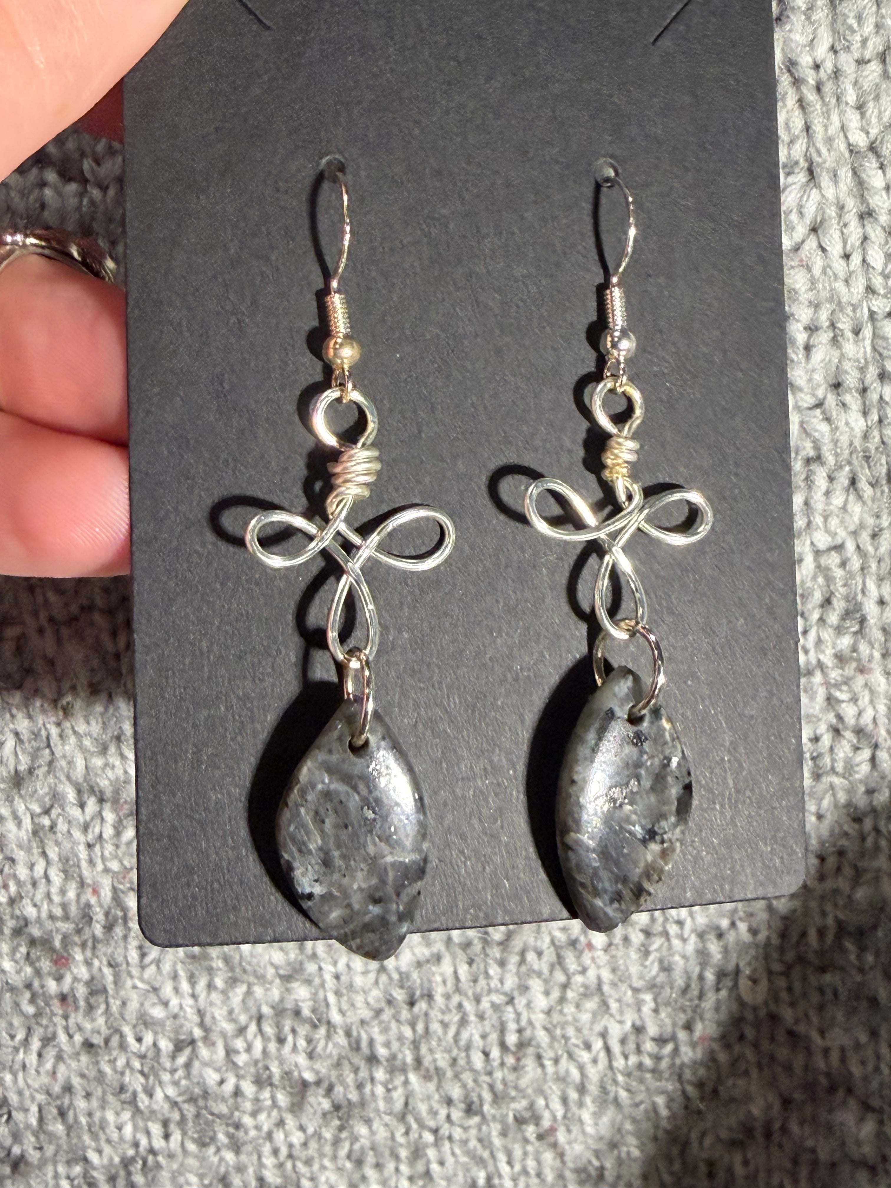 Larvikite dangle silver-tone copper wire-wrapped earrings