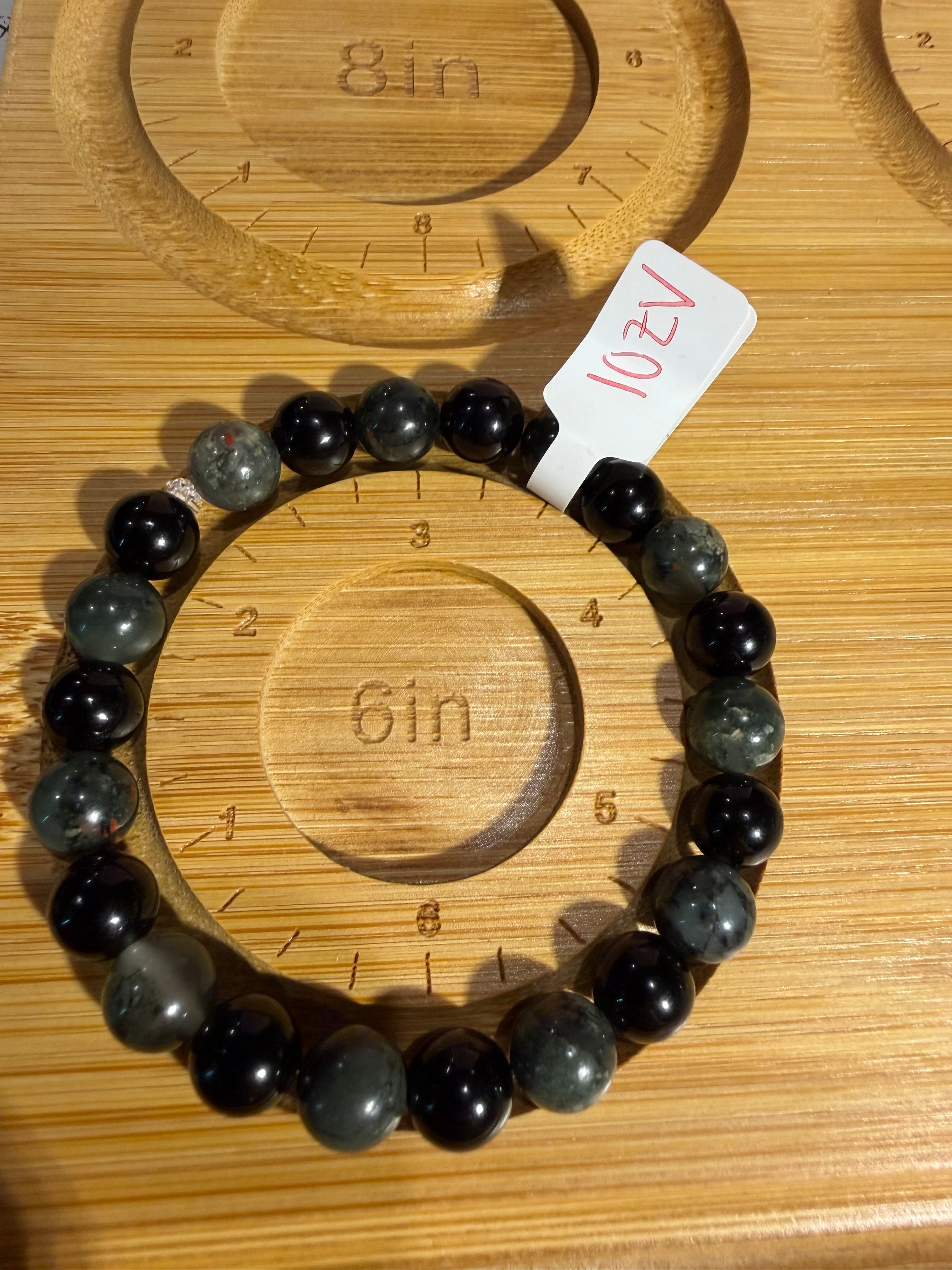 African Bloodstone & Obsidian 6 inch beaded stretchy bracelet