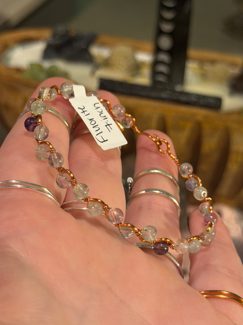 Fluorite 6-inch copper wire-wrapped bracelet