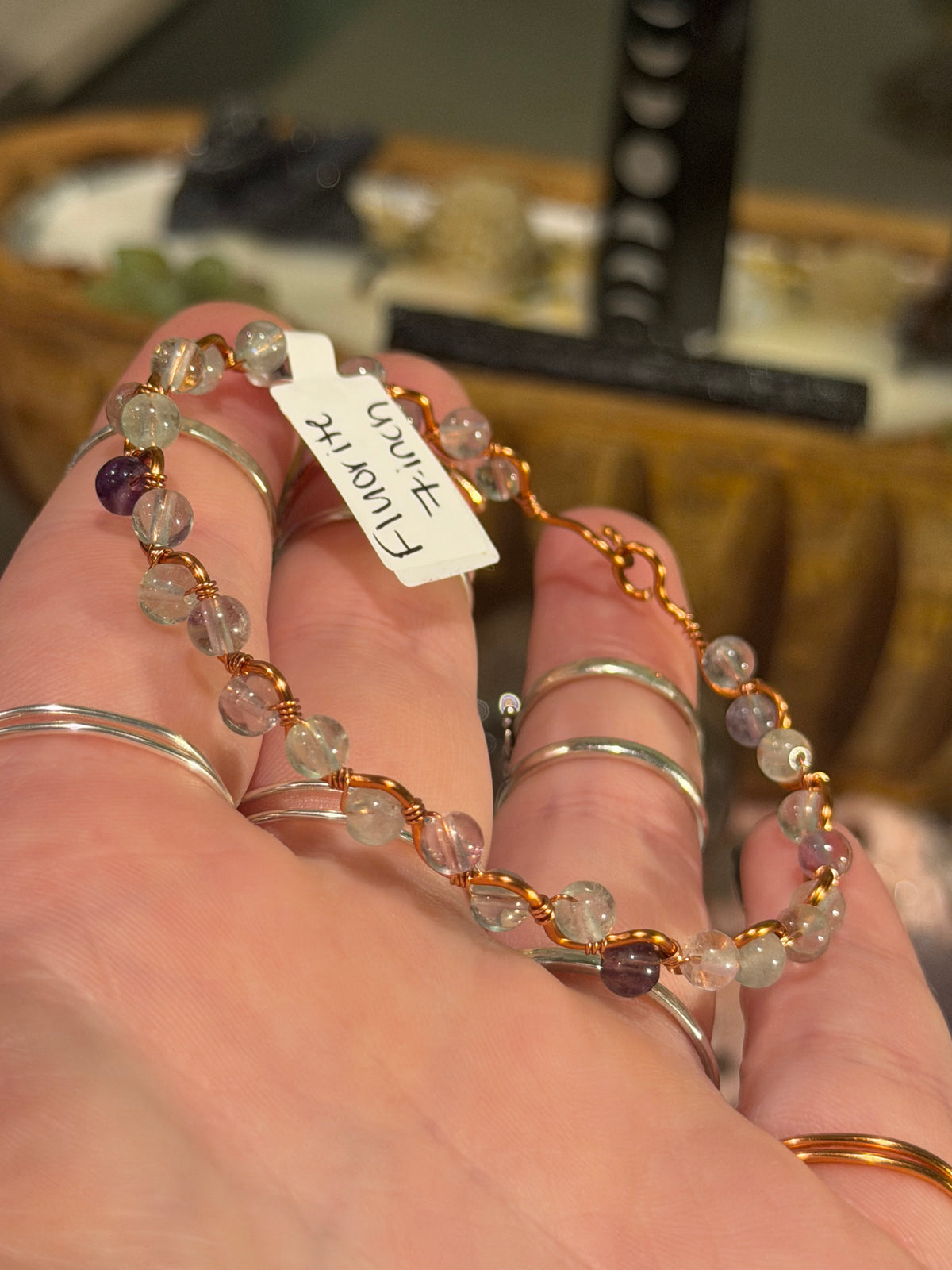 Fluorite 6-inch copper wire-wrapped bracelet