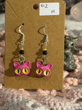 Black Agate beaded pink cat dangle earrings