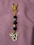 Dalmatian Jasper, Black Agate & Lava Stone gold-tone cow keychain/ purse charm