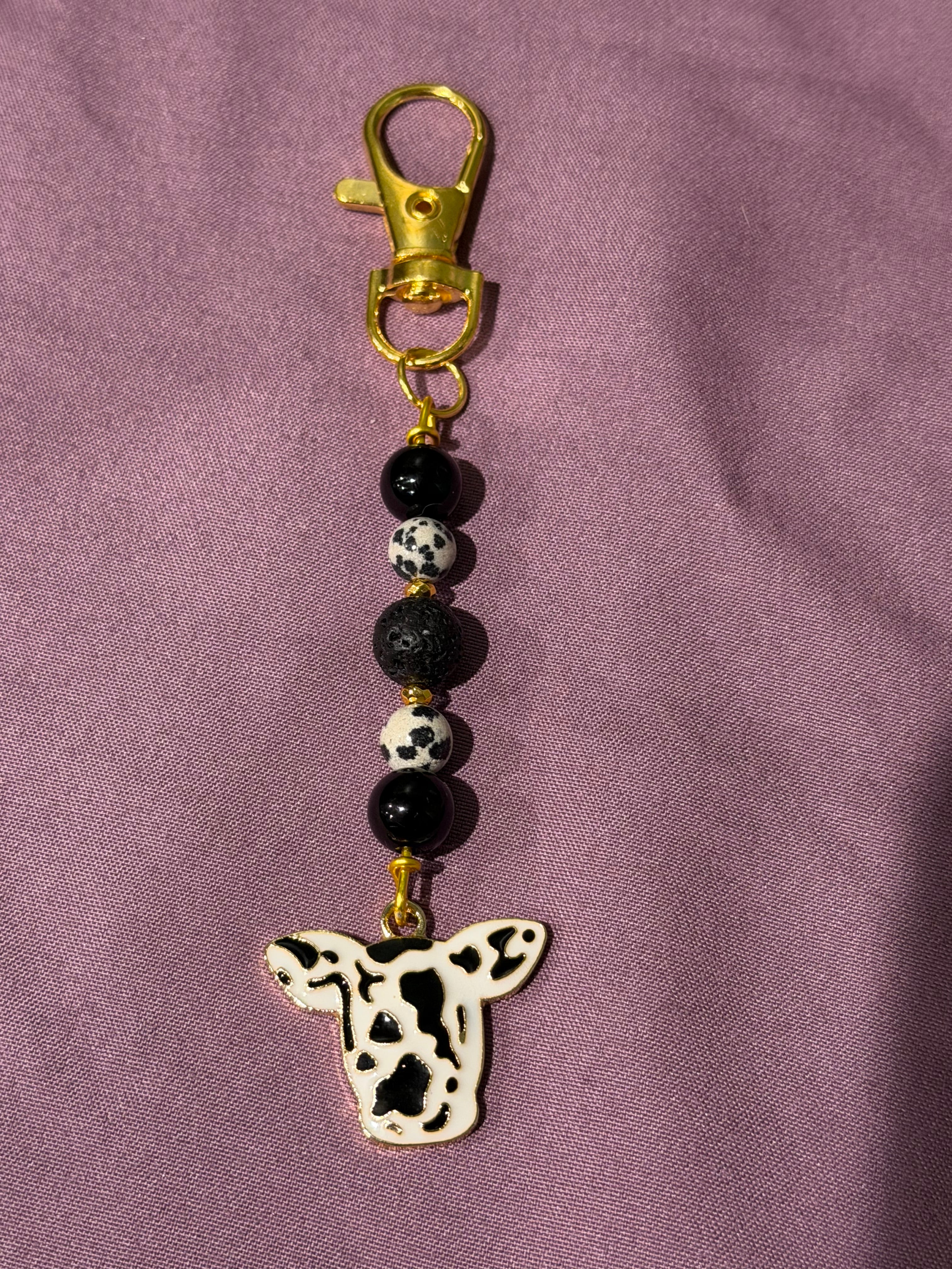 Dalmatian Jasper, Black Agate & Lava Stone gold-tone cow keychain/ purse charm