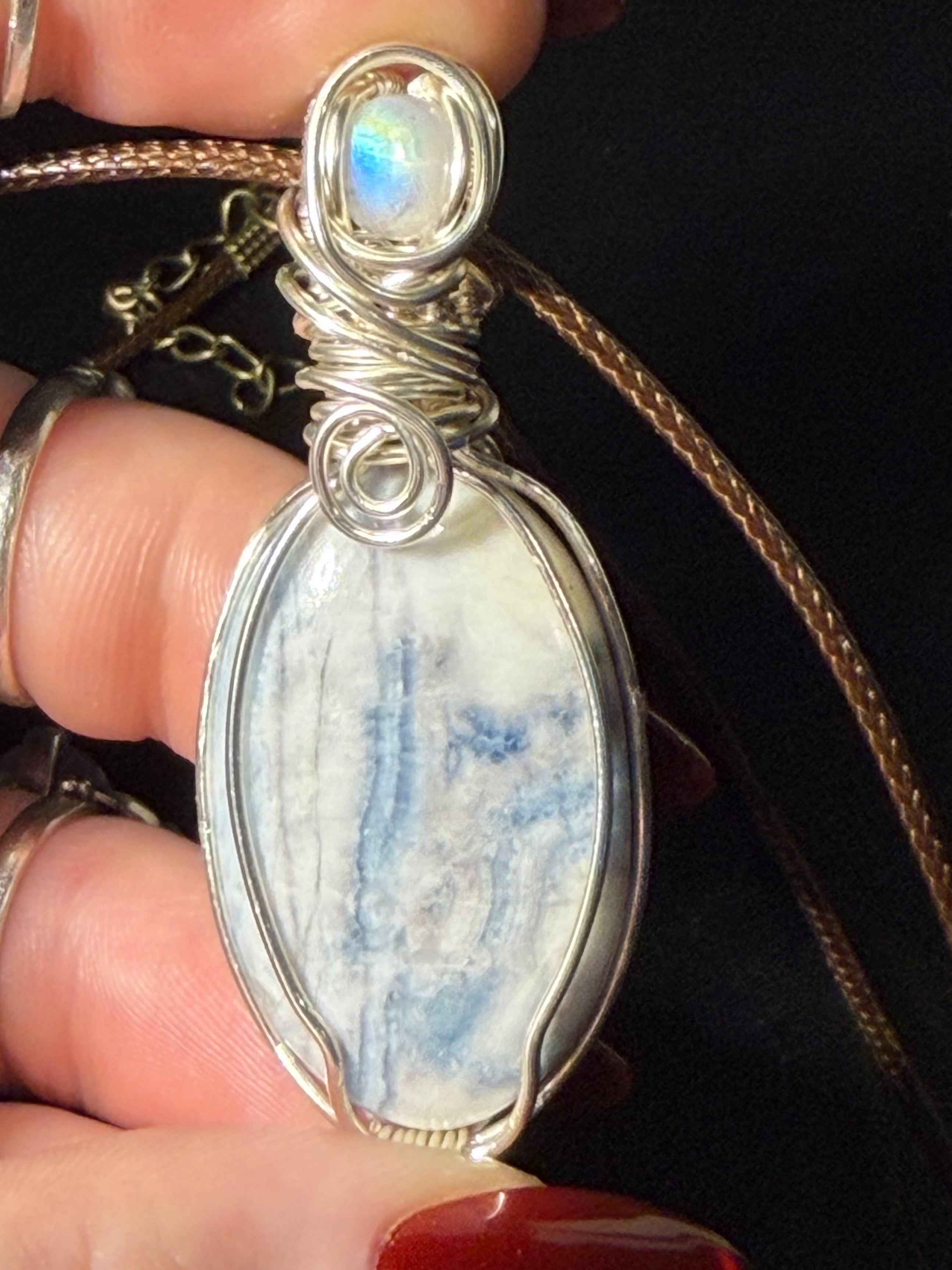 Blue Scheelite & Moonstone silver-tone copper wire-wrapped pendant