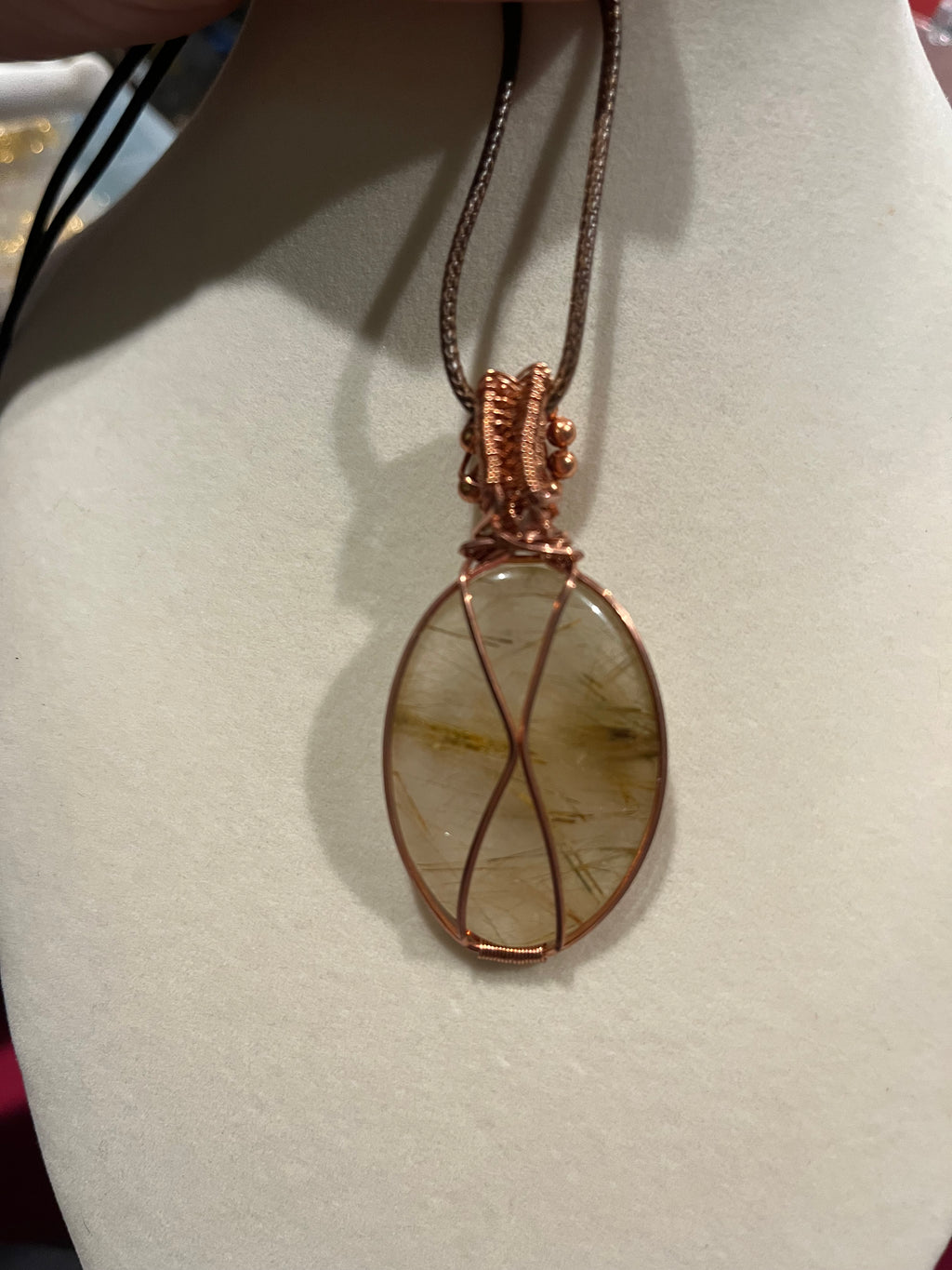 Gold Rutilated Quartz & Sandstone copper wire-wrapped pendant