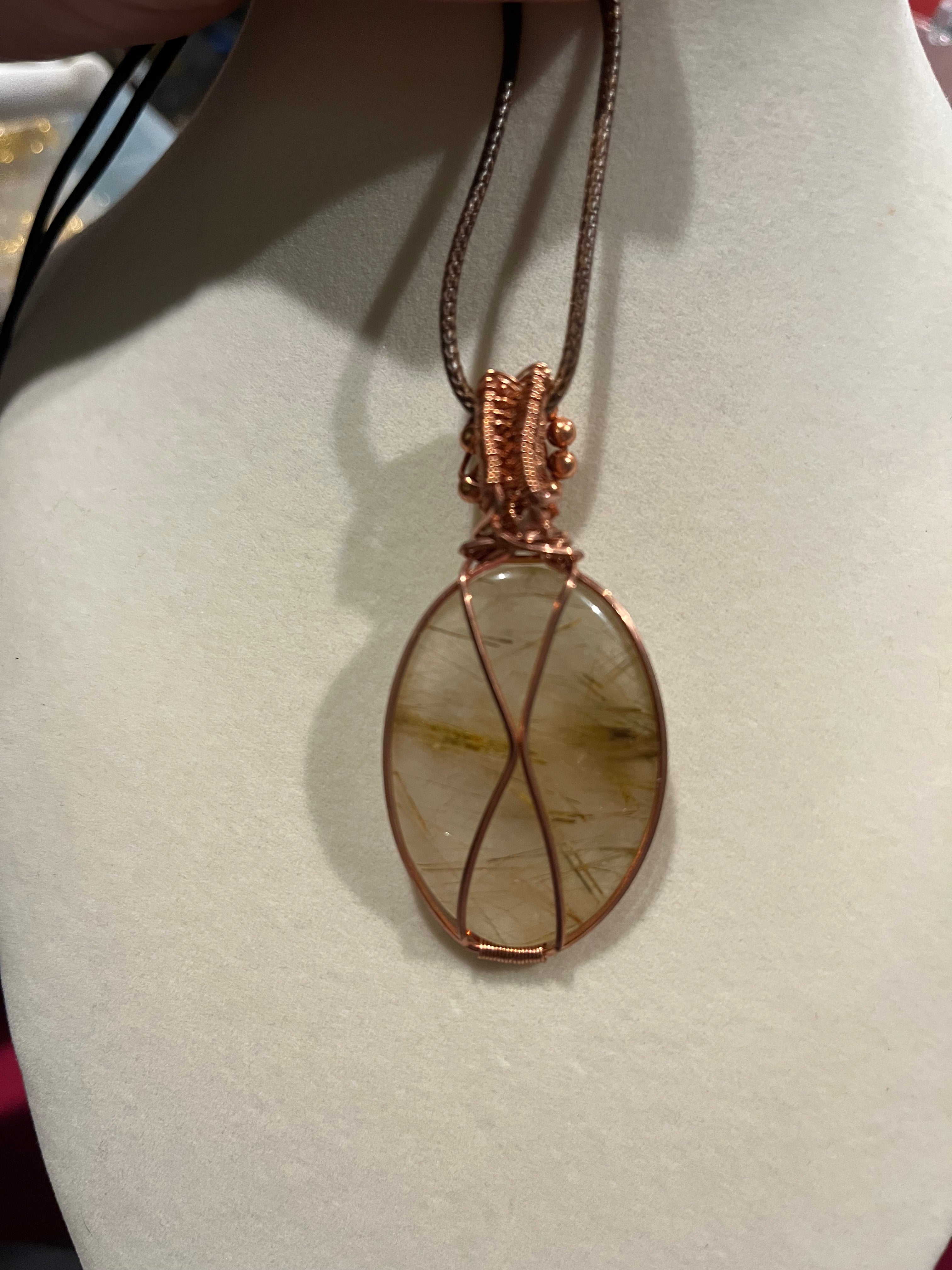 Gold Rutilated Quartz & Sandstone copper wire-wrapped pendant