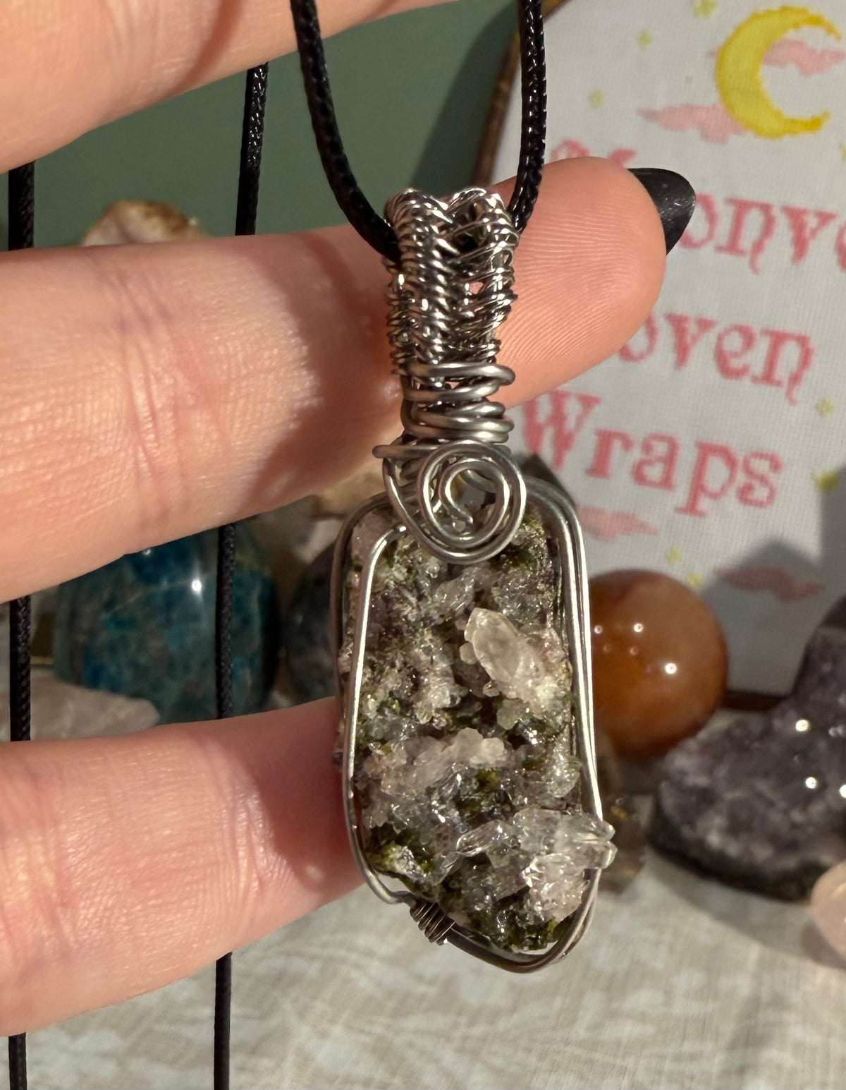 Epidote & Quartz specimen stainless steel wire-wrapped pendant