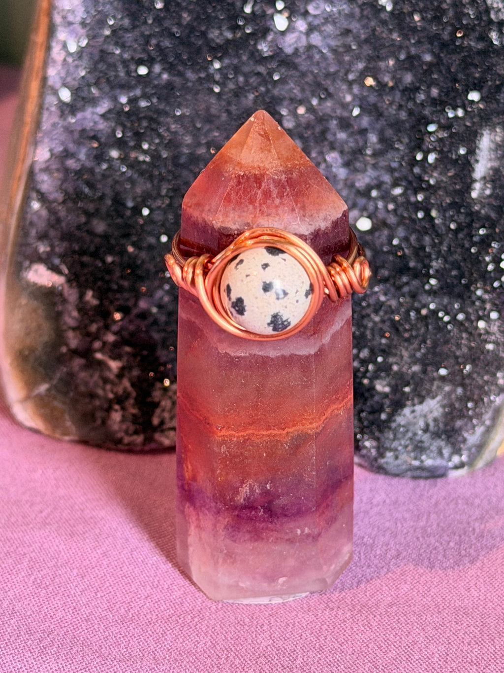 Dalmatian Jasper size 6 copper wire-wrapped ring