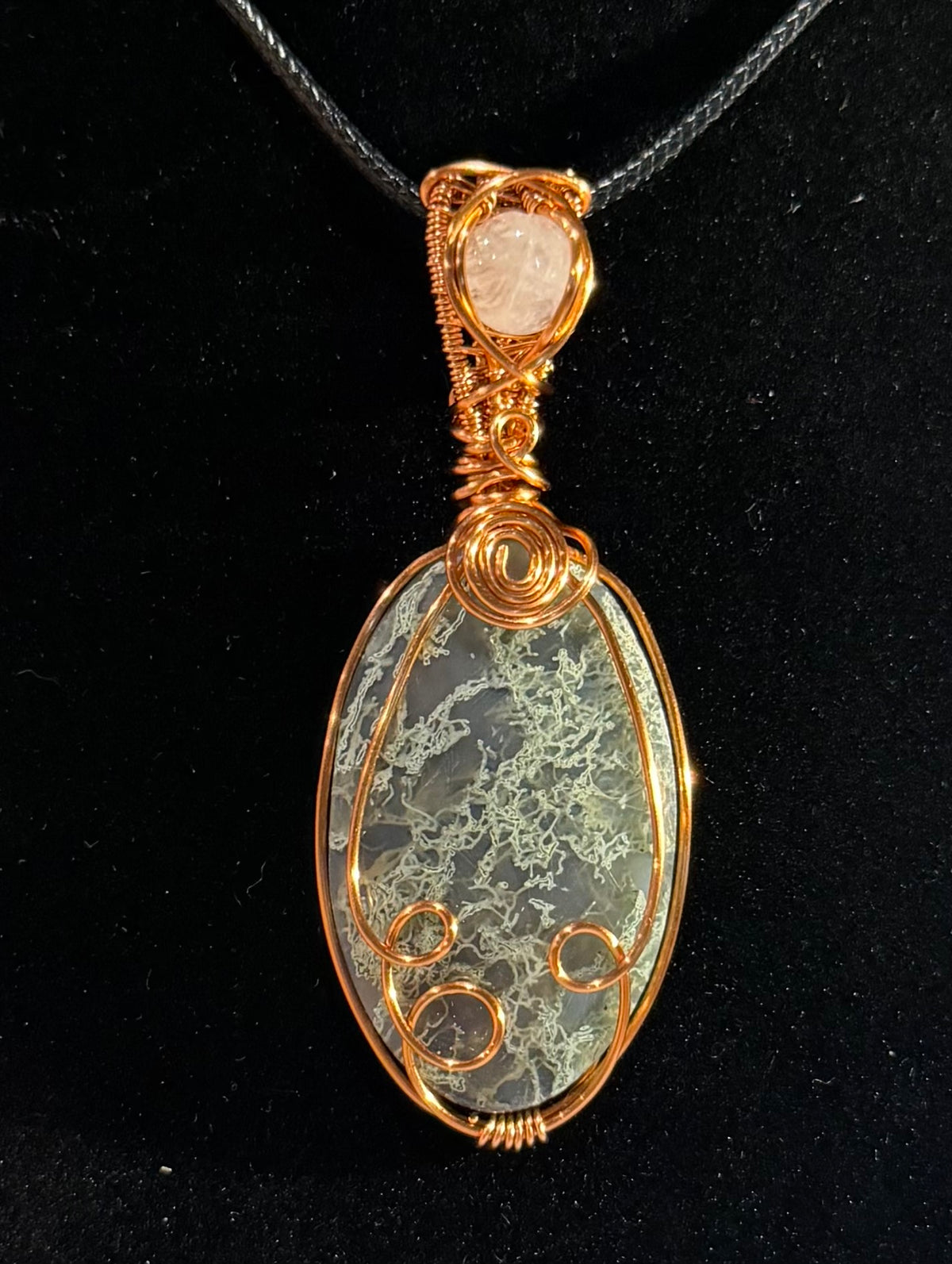 Moss Agate & Quartz copper wire-wrapped pendant