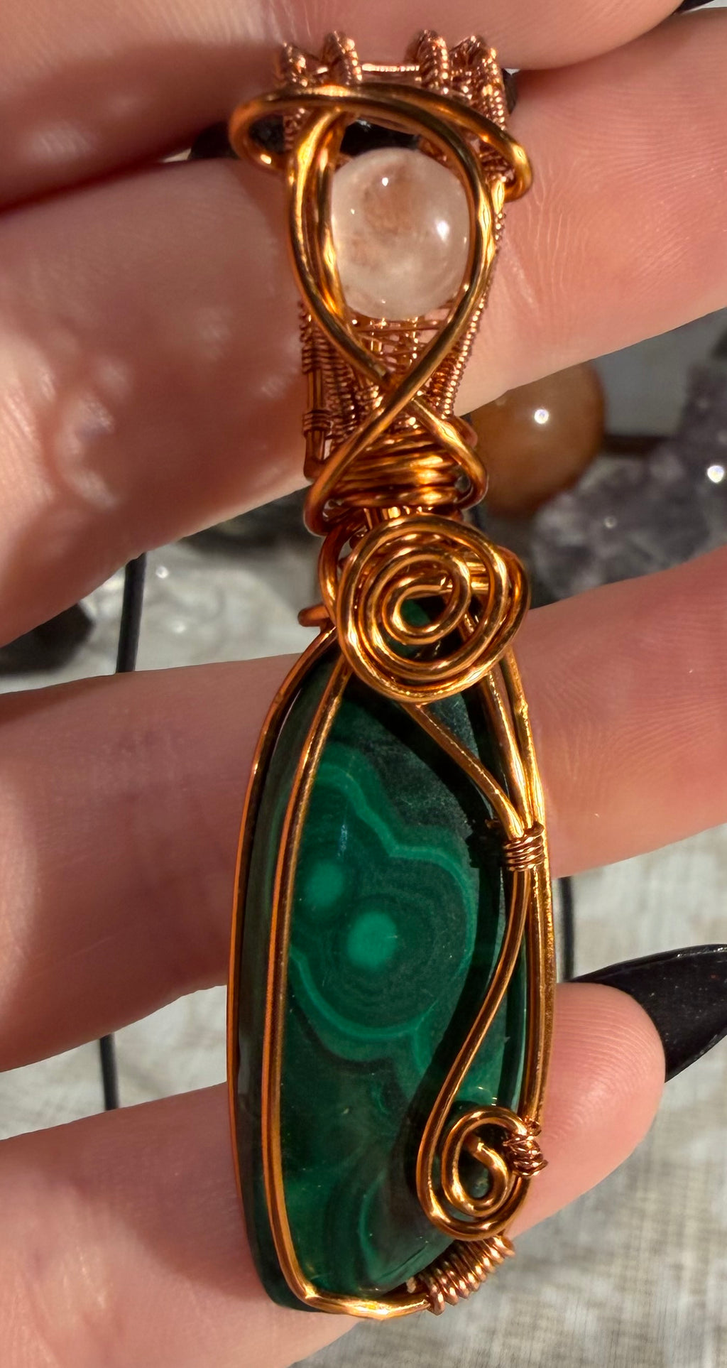 Malachite & Quartz copper wire-wrapped pendant