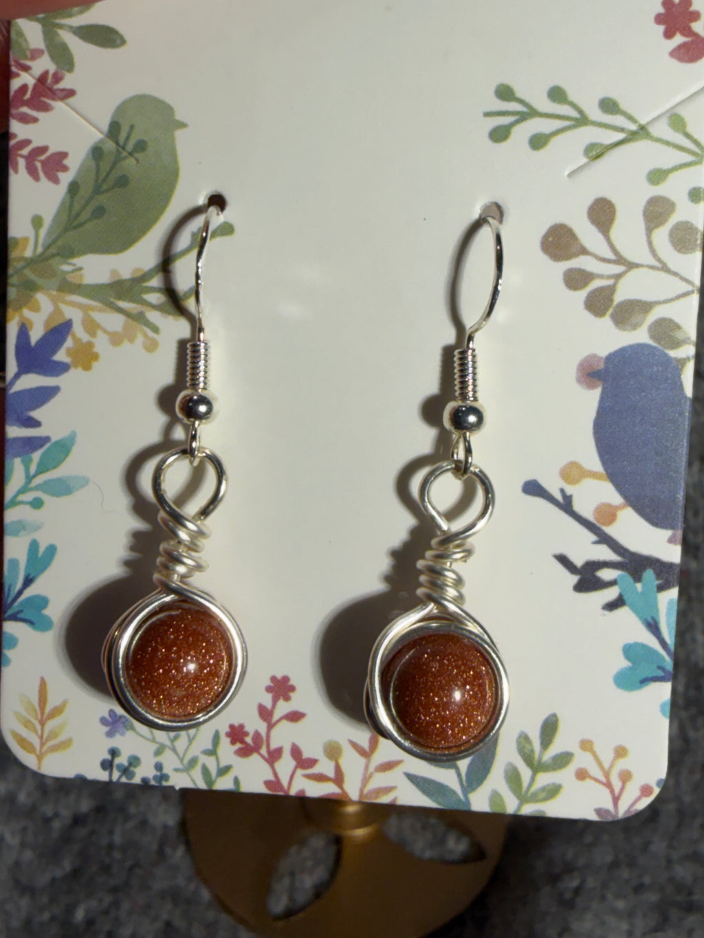 Sandstone bead silver-tone copper wire-wrapped earrings