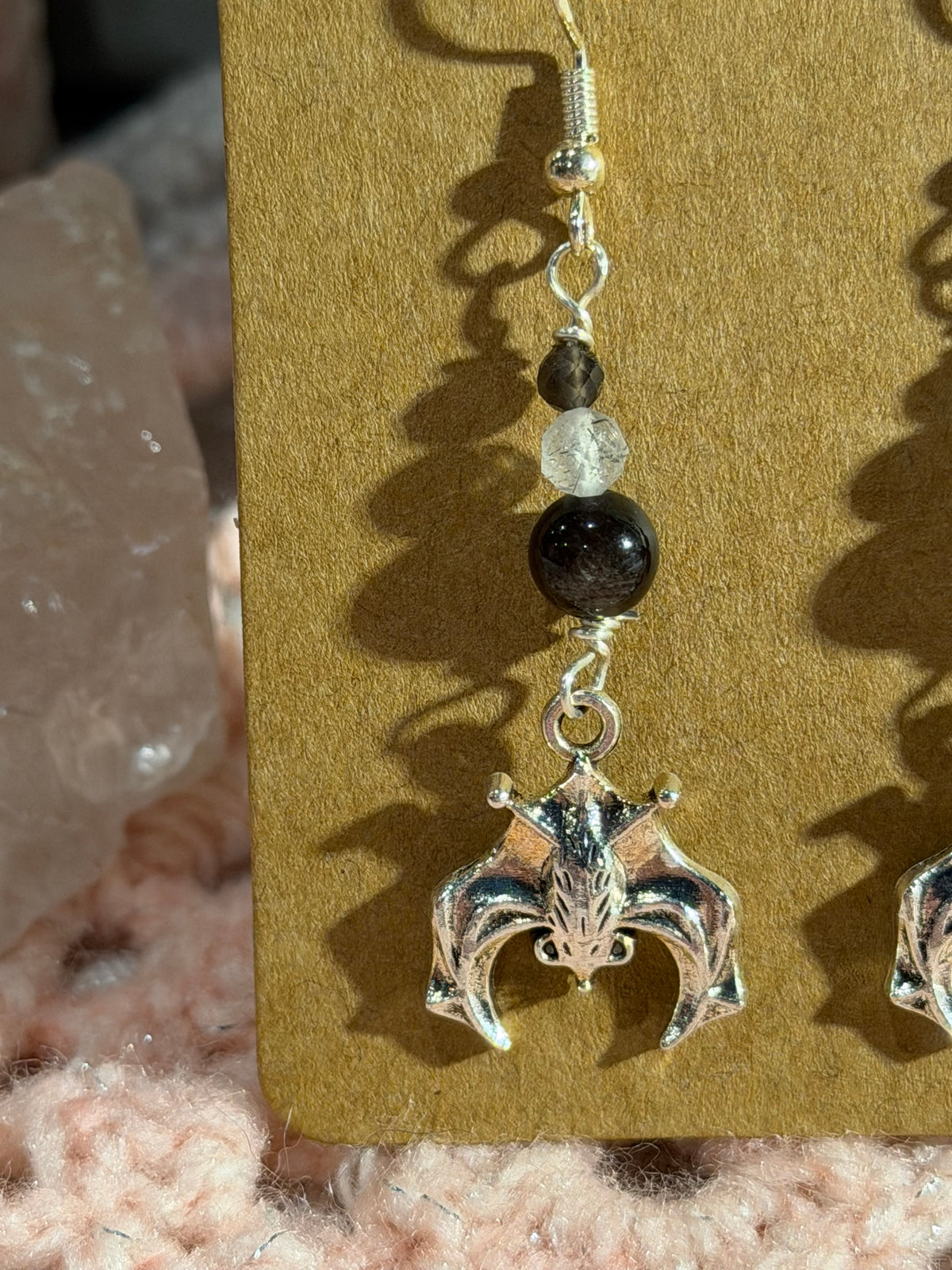 Silver-sheen Obsidian bat dangle earrings