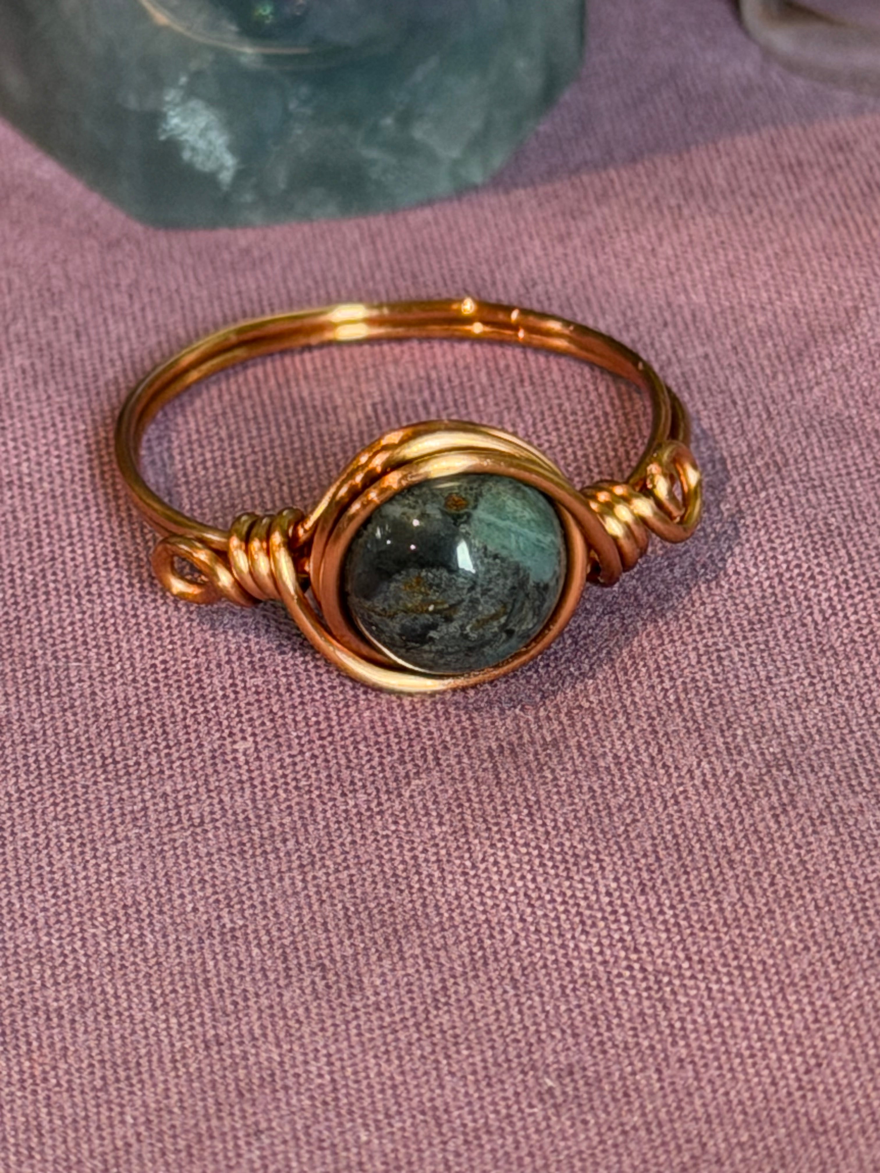 Indian Agate size 10 copper wire-wrapped ring