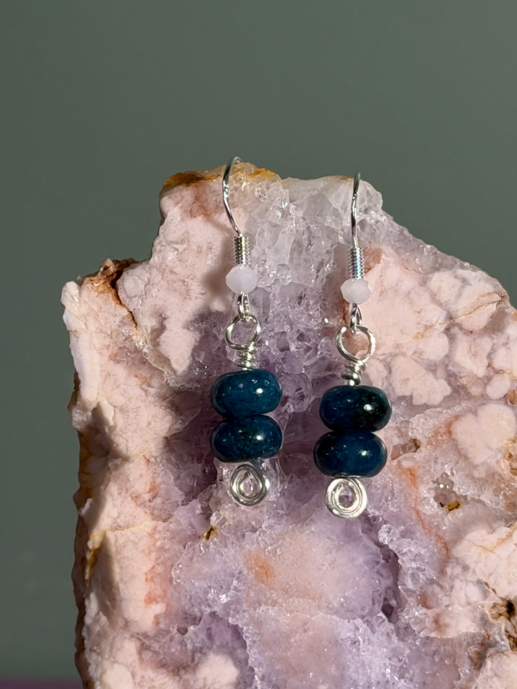 Blue Apatite & white glass beaded silver-tone earrings