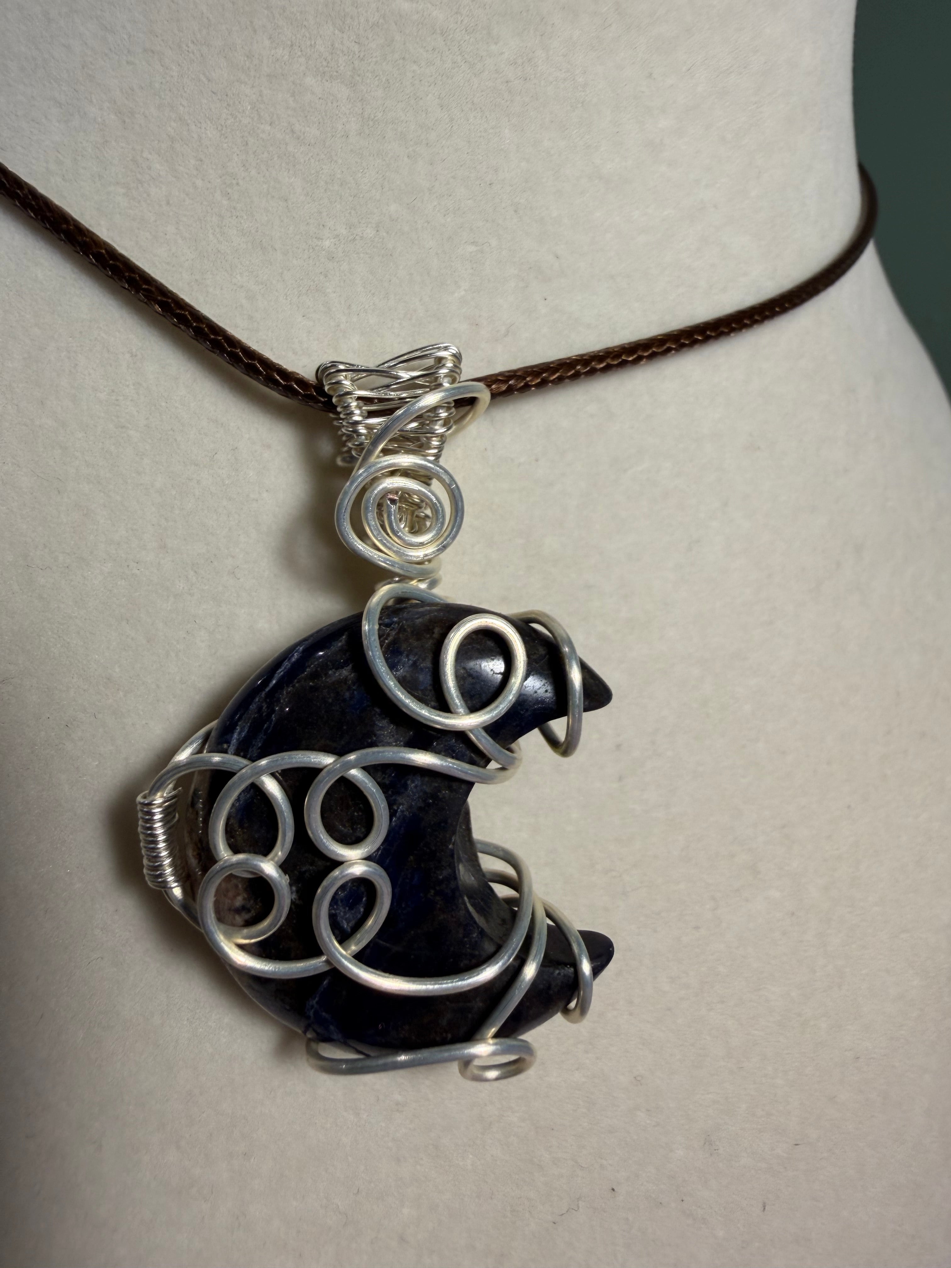 Sodalite moon silver-tone copper wire-wrapped pendant