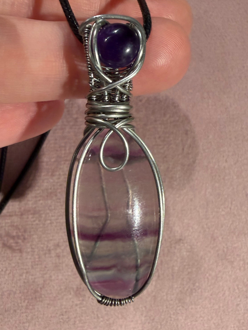 Fluorite & Amethyst stainless steel wire-wrapped pendant
