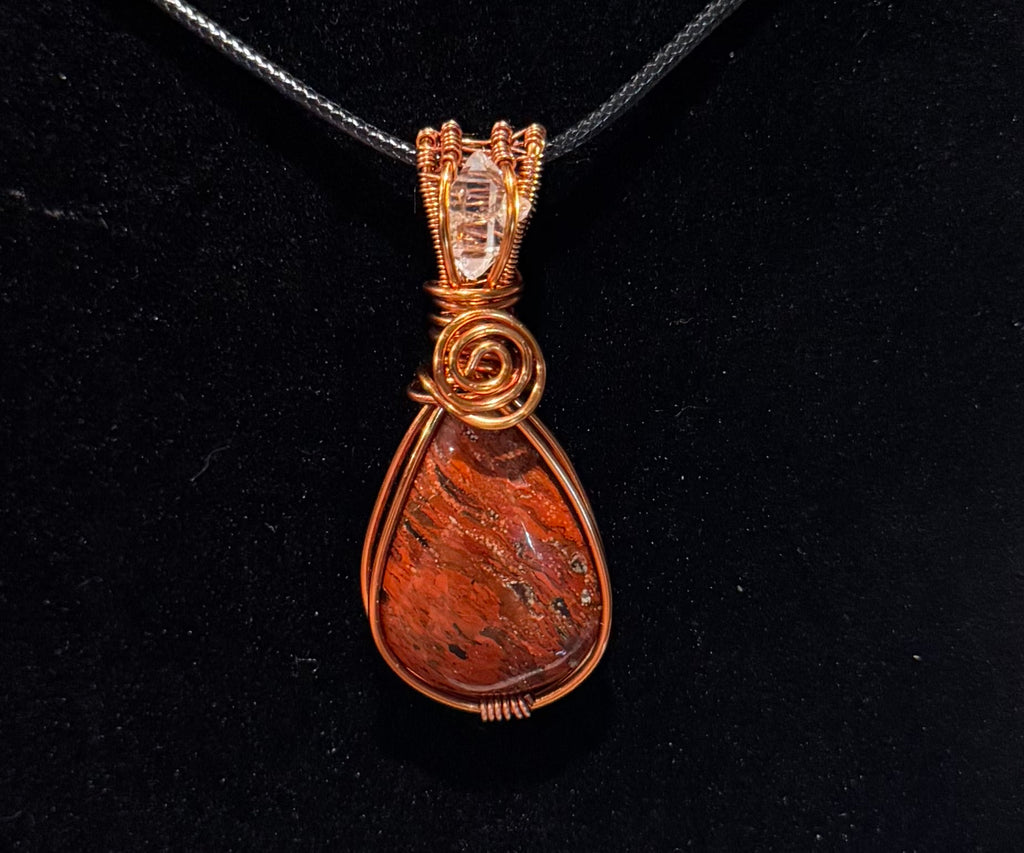 Red Brecciated Jasper & Herkimer Diamond copper wire-wrapped pendant
