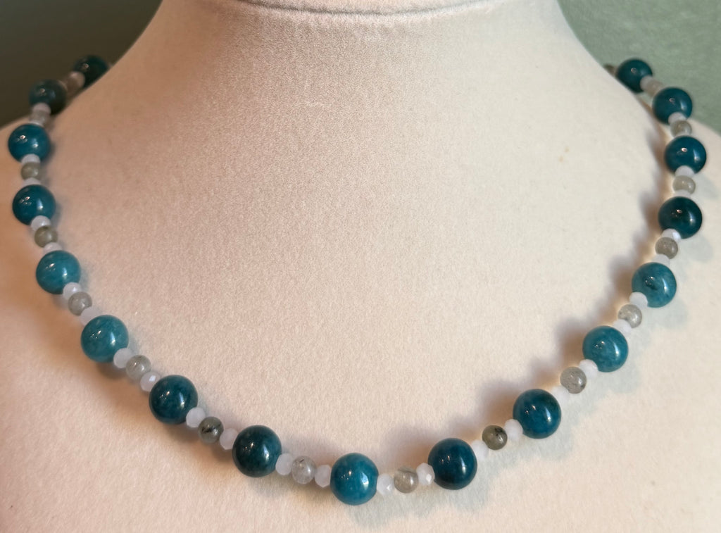 Blue Apatite, Labradorite & white glass beaded necklace