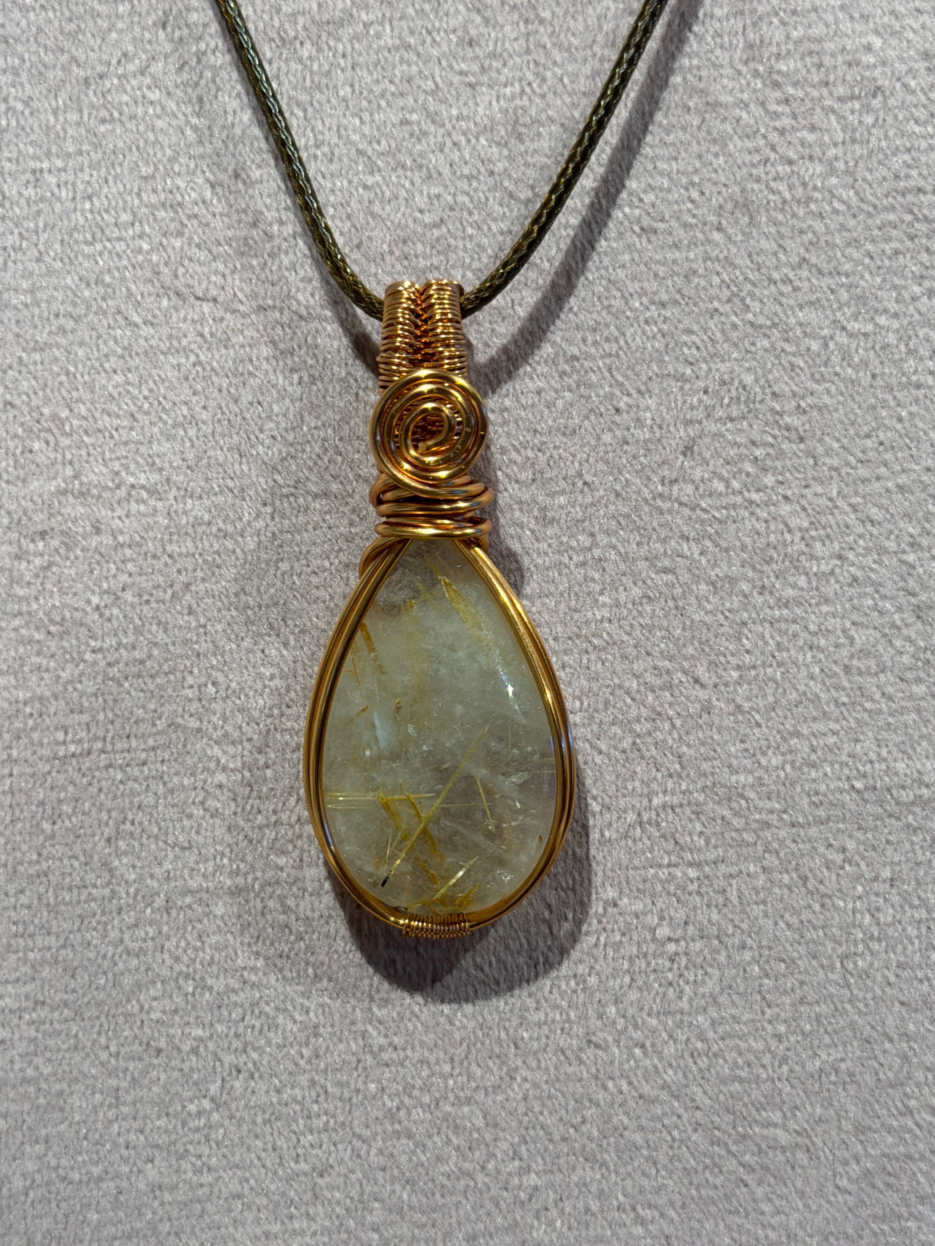 Golden Rutilated Quartz copper wire-wrapped pendant