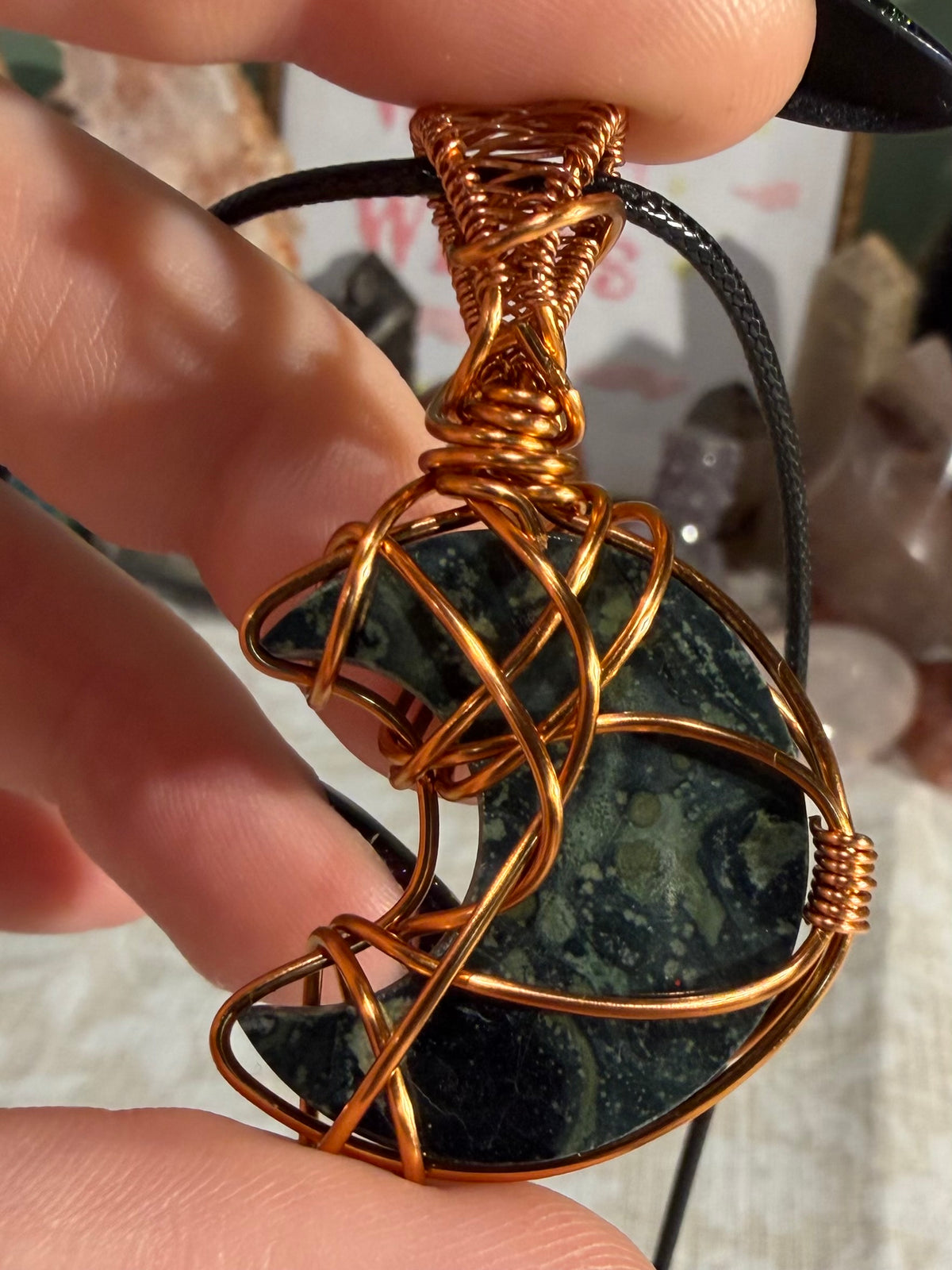 Kambaba Jasper moon copper wire-wrapped pendant