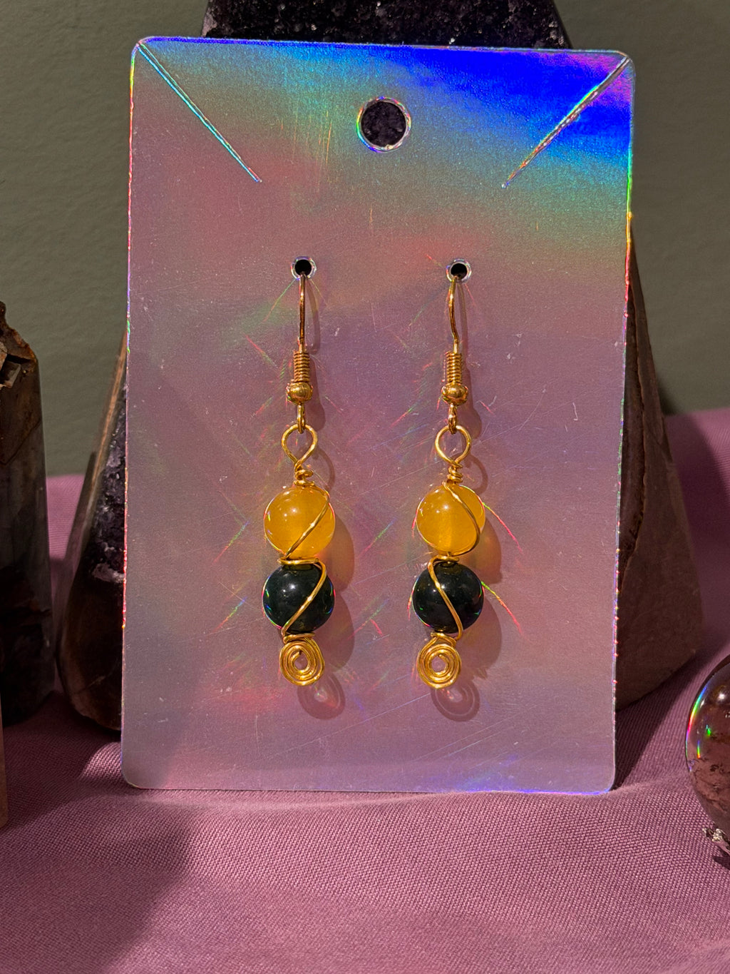 Tourmaline & Moss Agate gold-tone copper wire-wrapped earrings