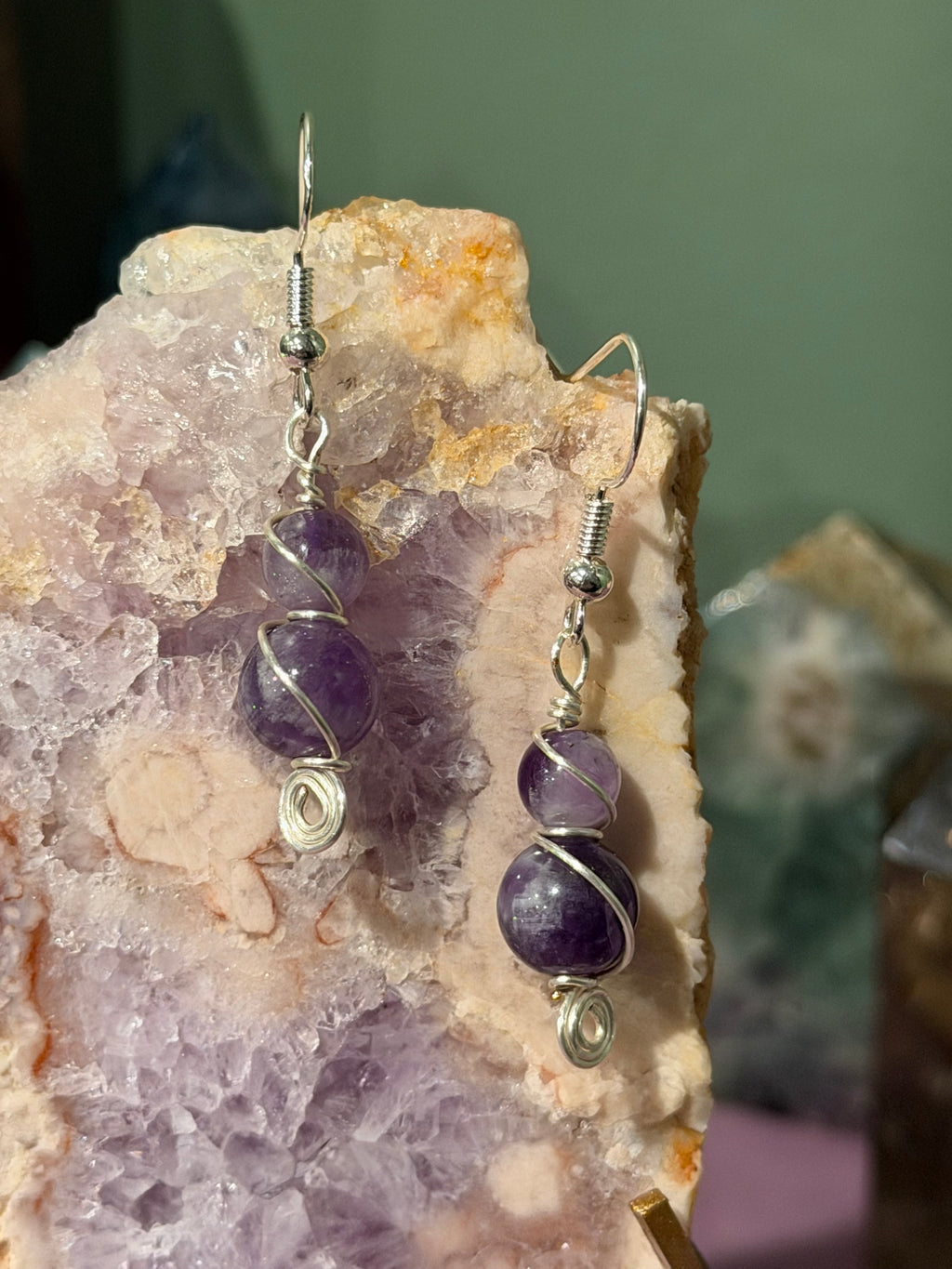 Double Amethyst silver-tone copper wire-wrapped earrings